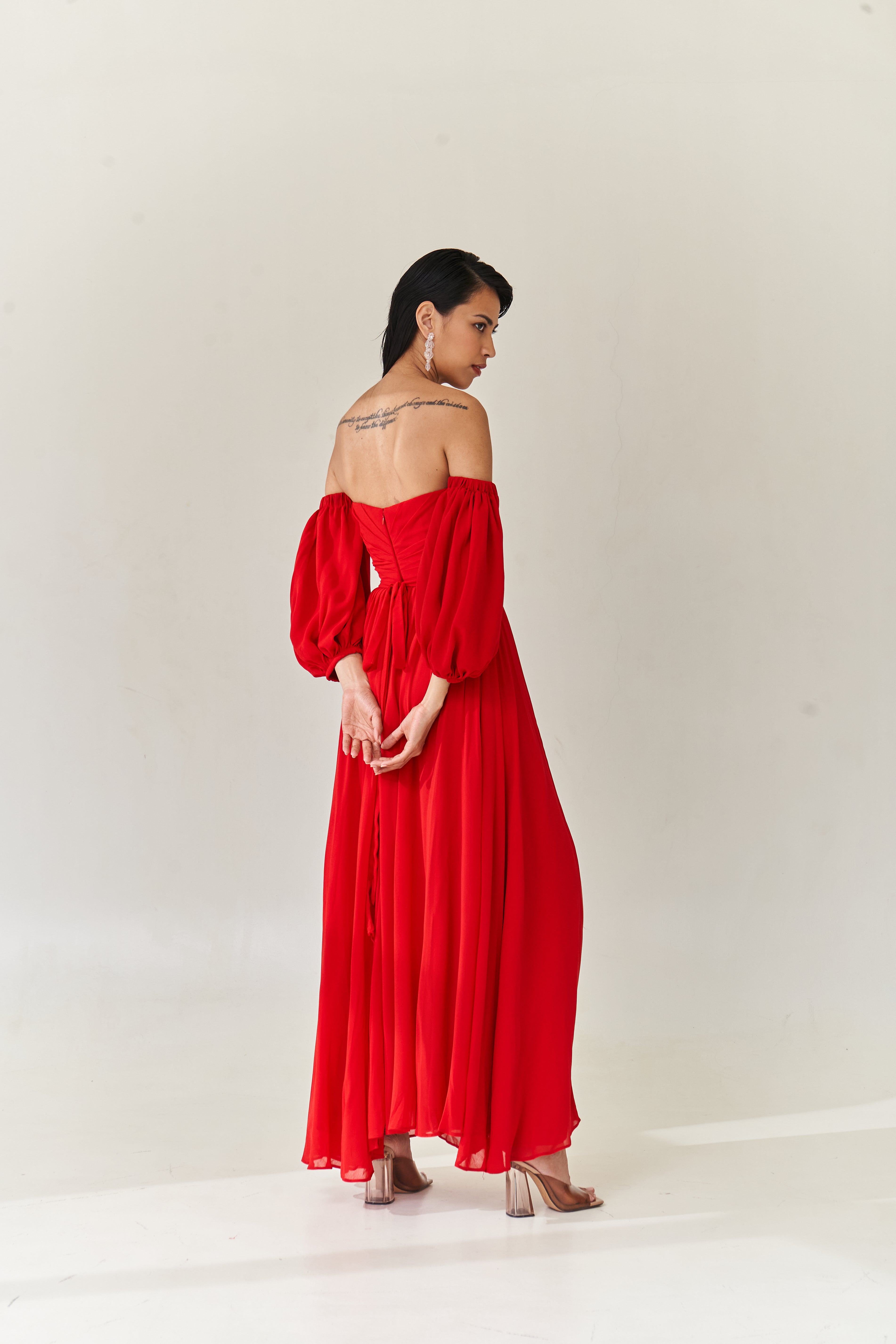 Red Cold Shoulder Draped Gown
