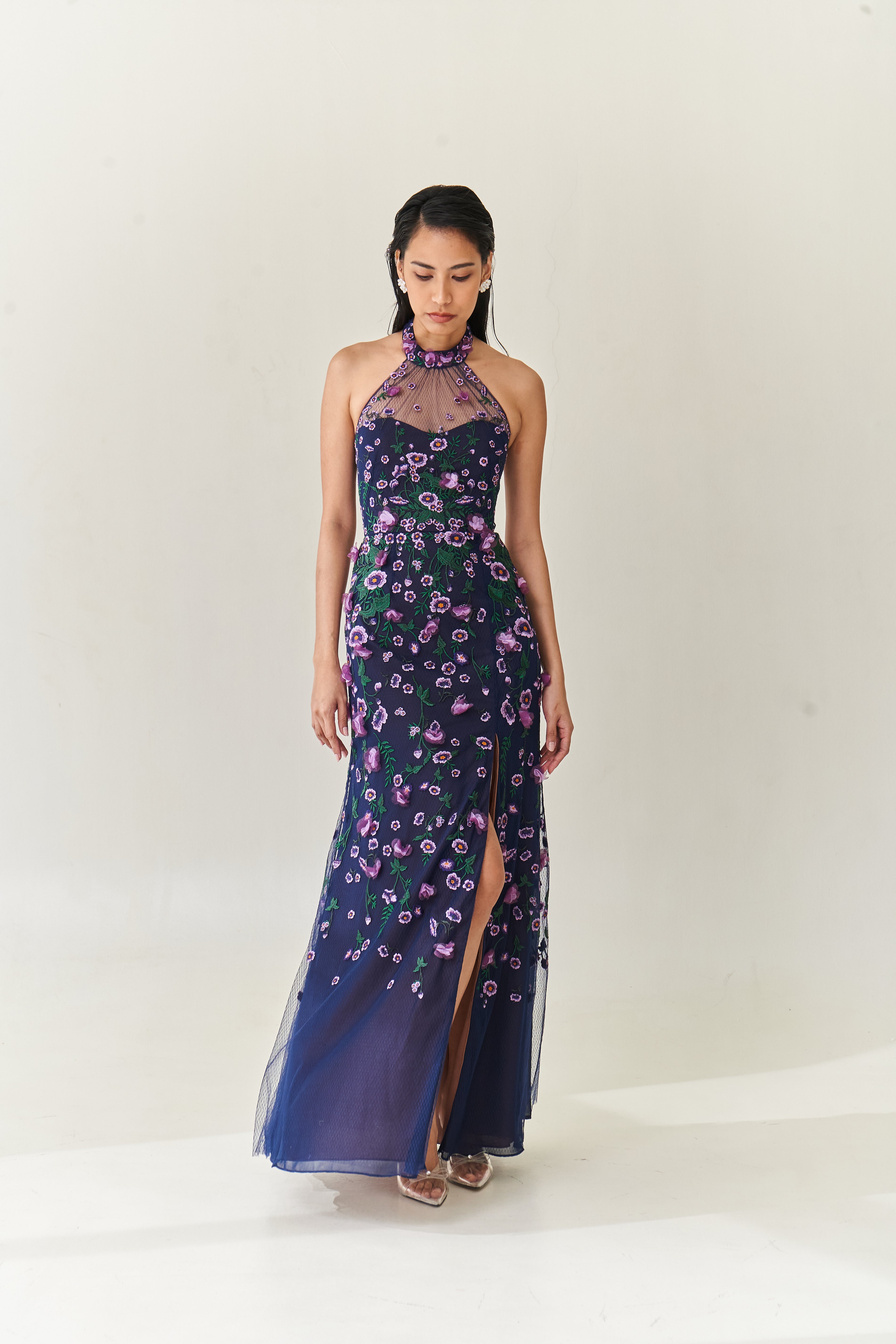 Halter Gown with Flower Appliques