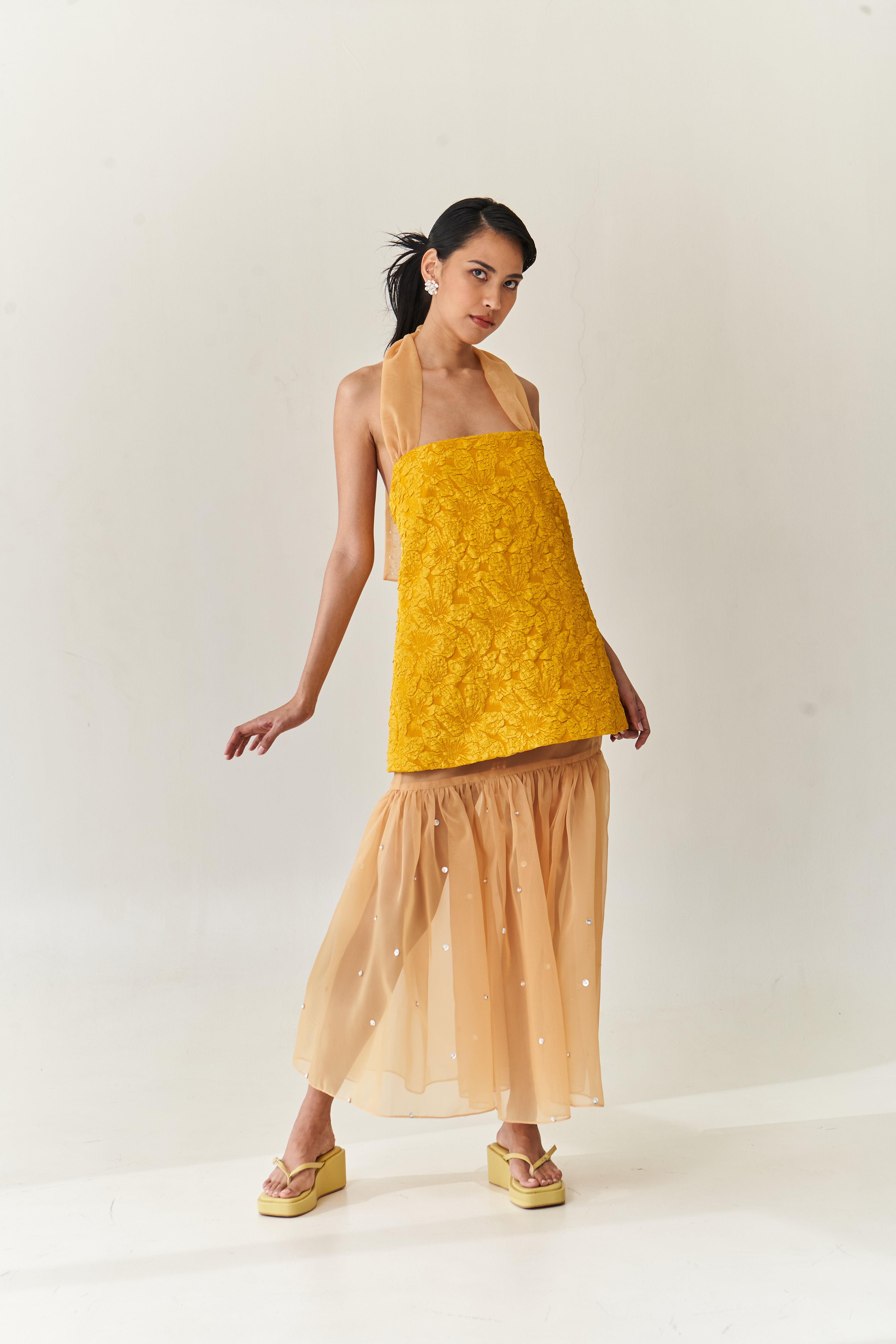 Mustard Halter Dress with Detachable Long Skirt