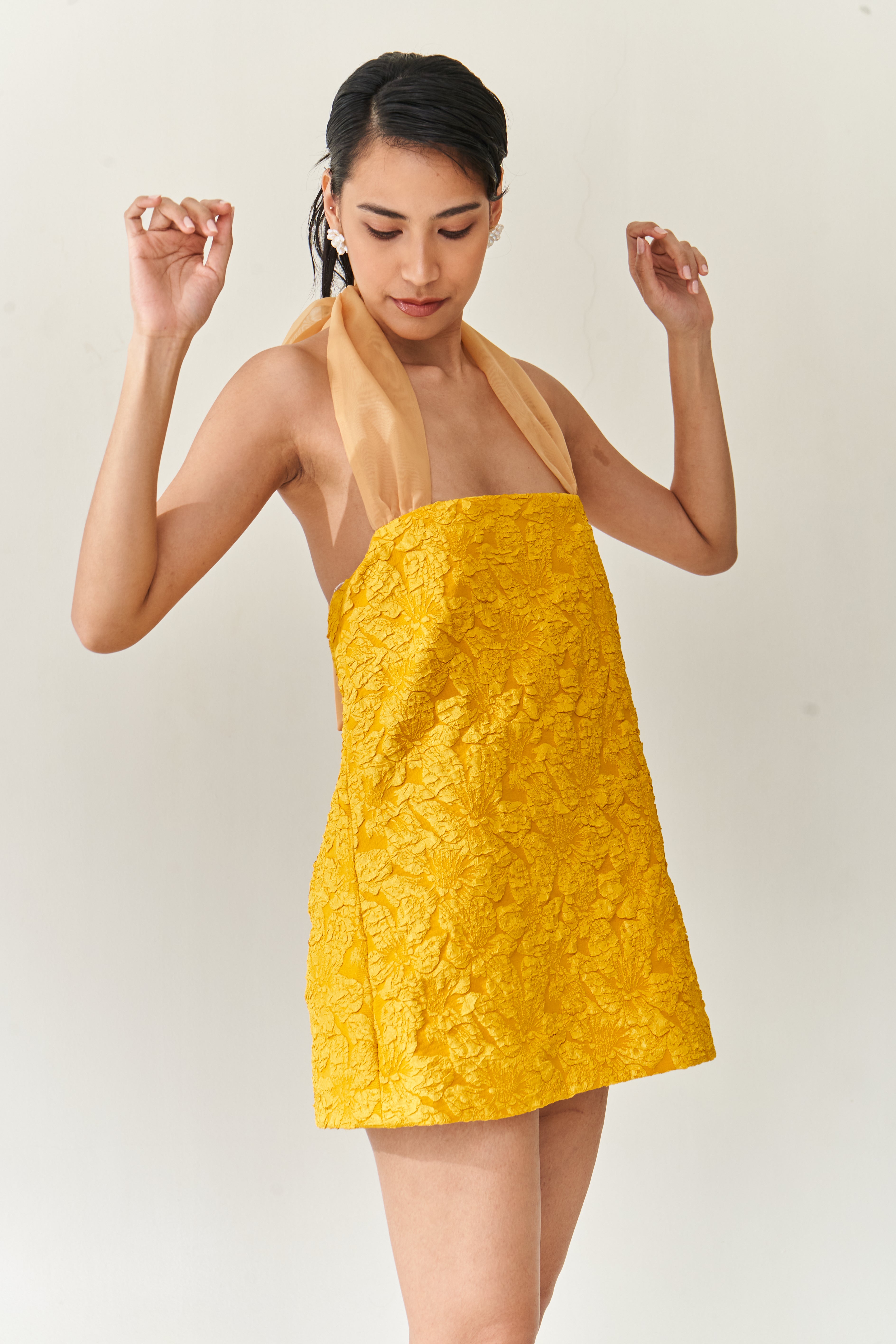 Mustard Halter Dress with Detachable Long Skirt