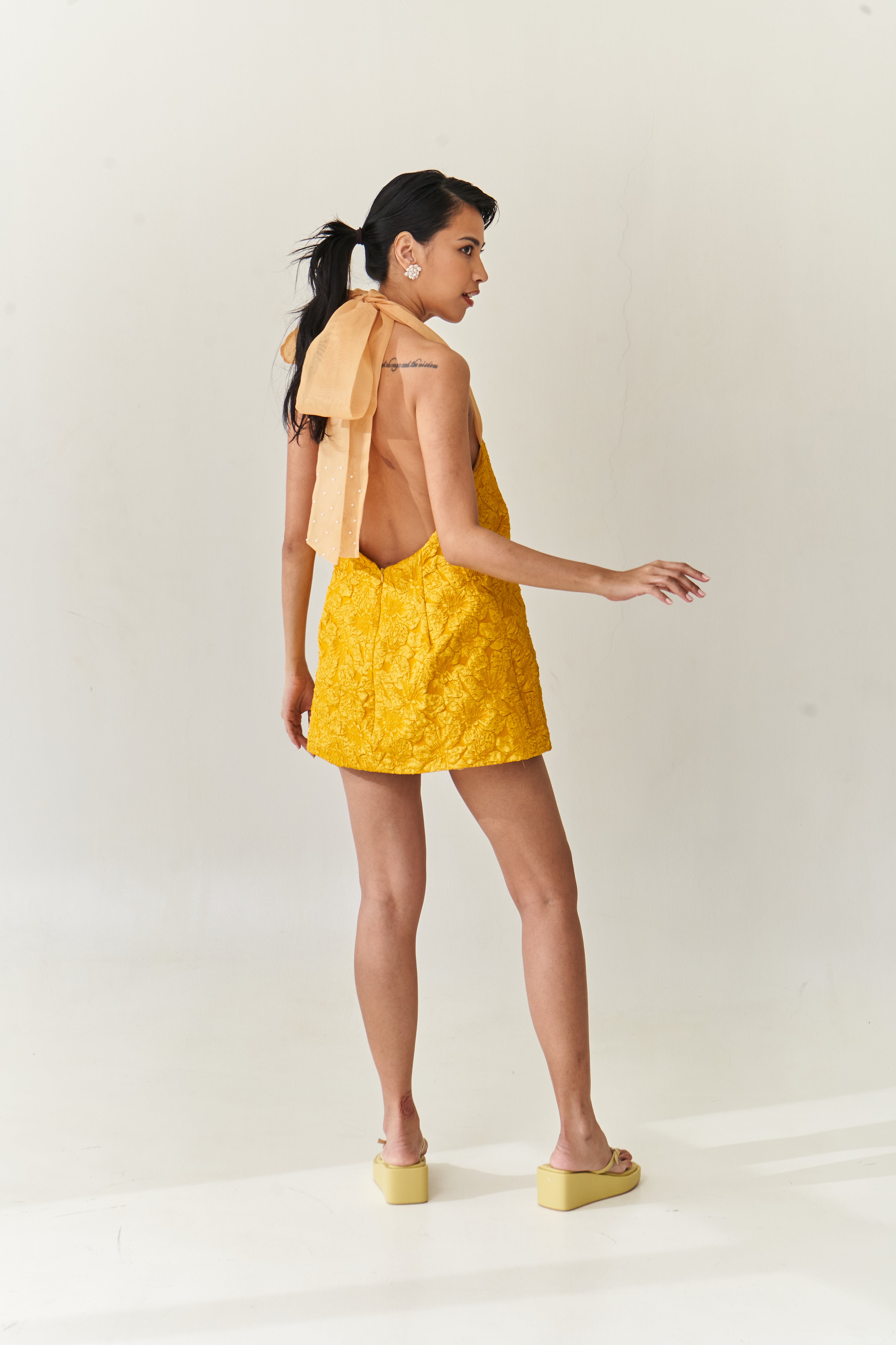 Mustard Halter Dress with Detachable Long Skirt