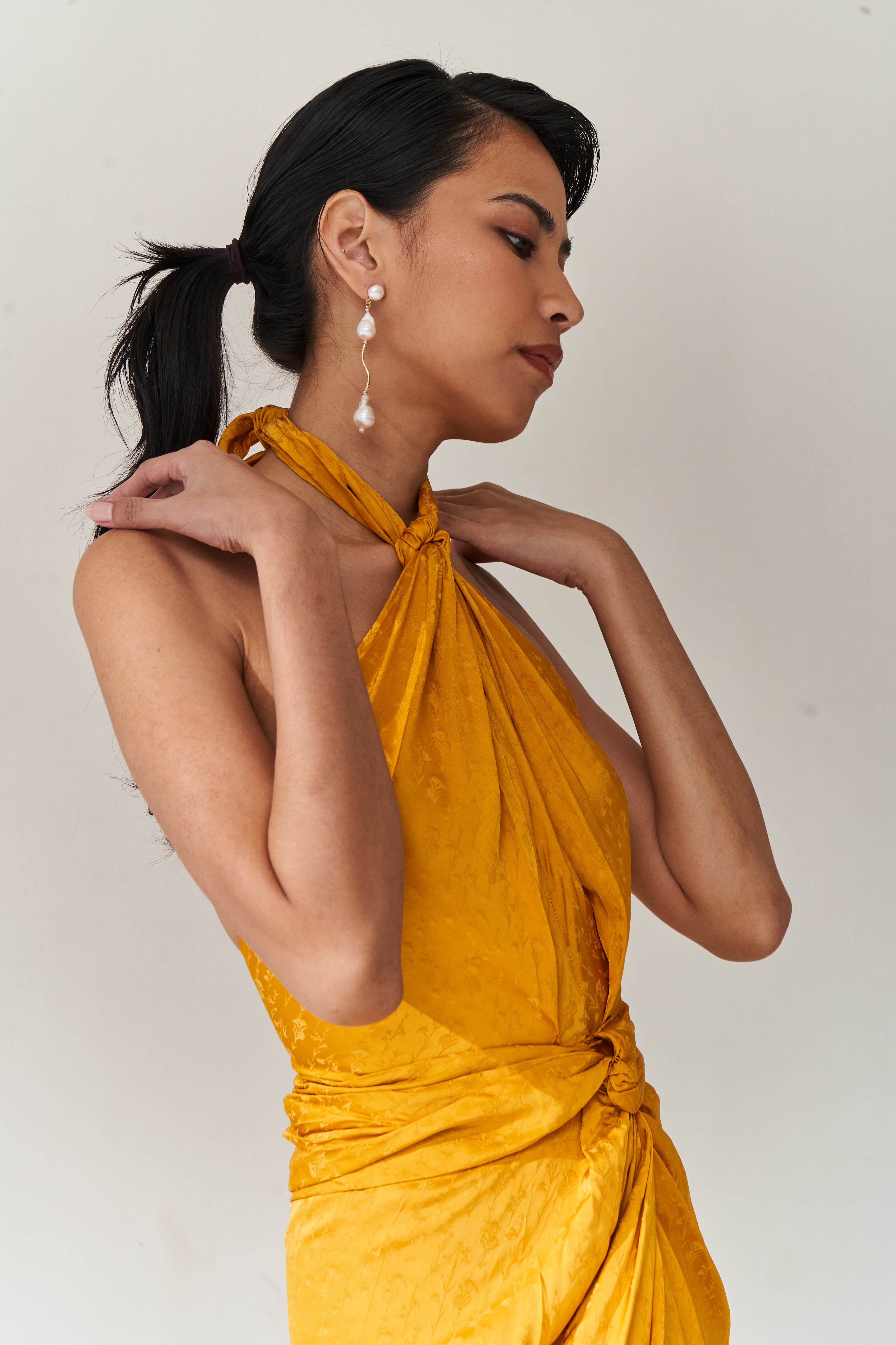 Mustard Halter Drape Dress