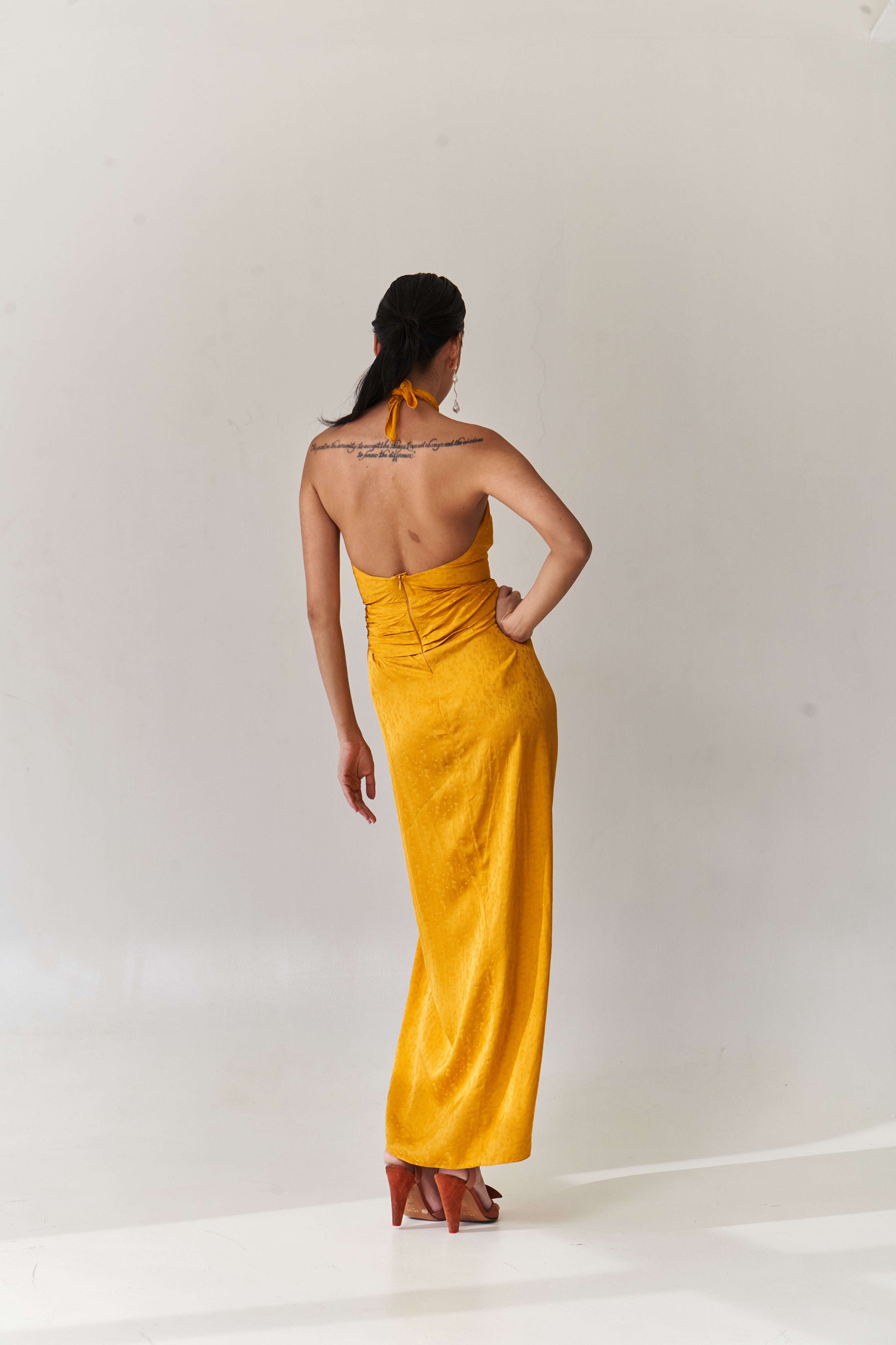 Mustard Halter Drape Dress