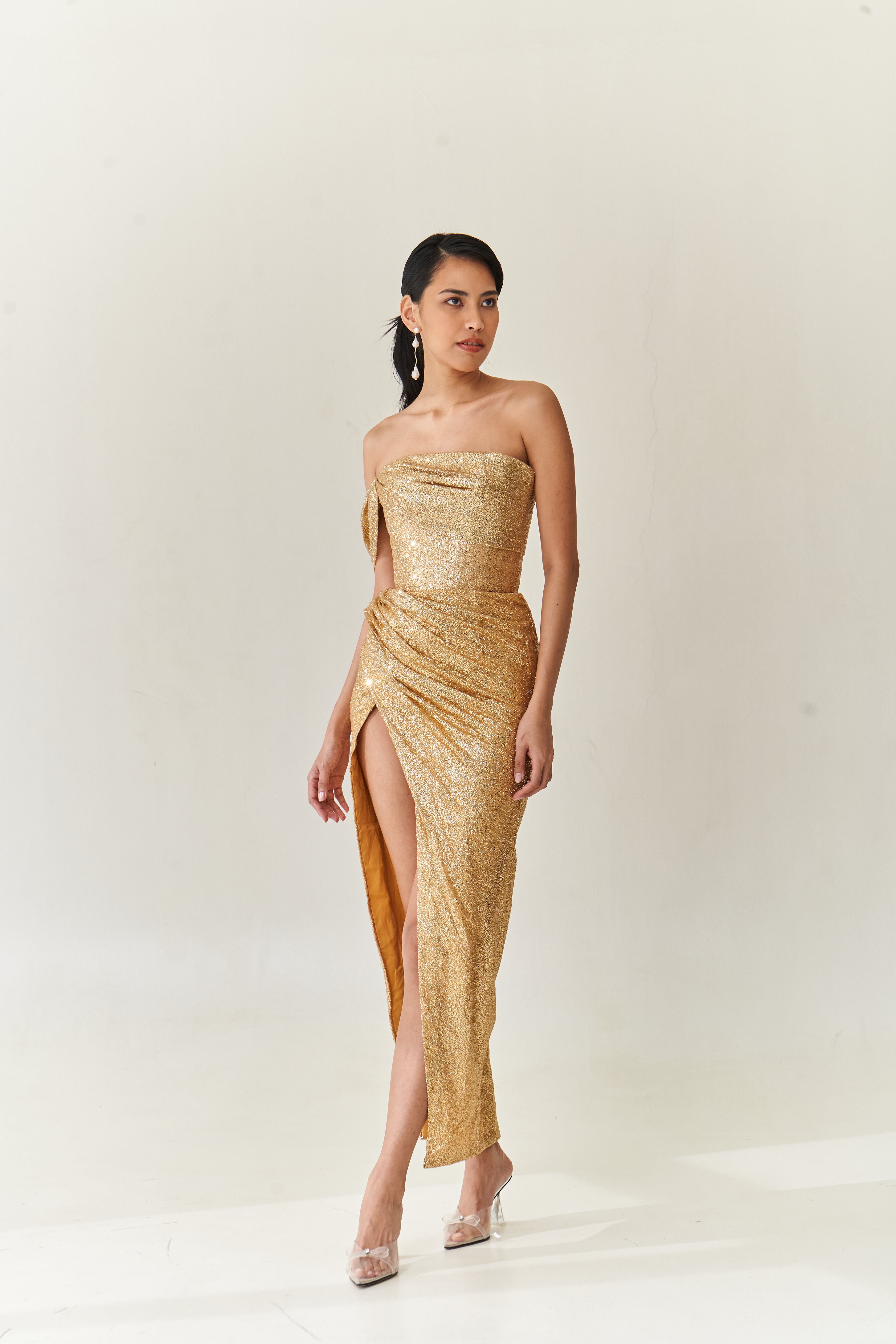 Strapless Gold Drape Dress