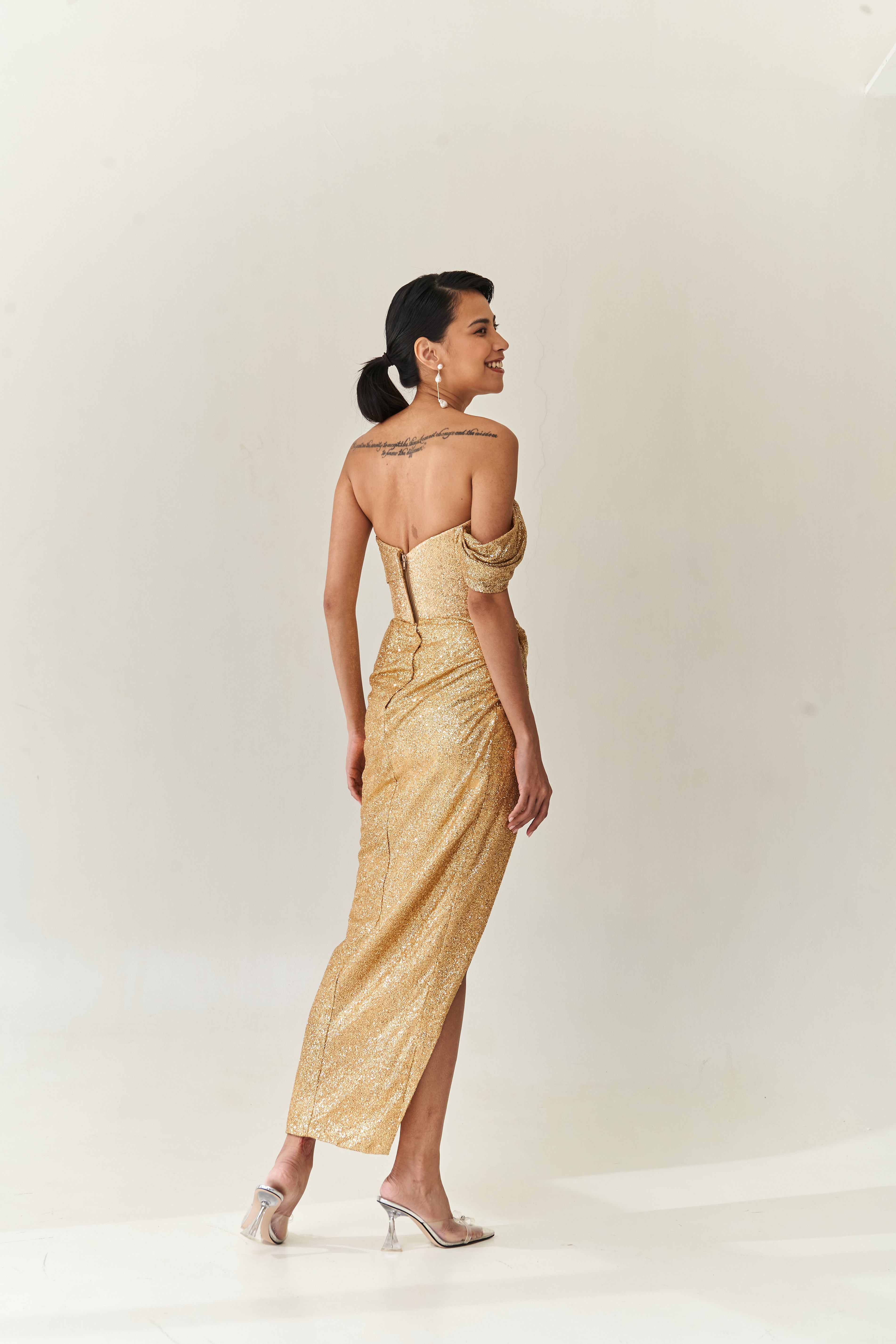 Strapless Gold Drape Dress