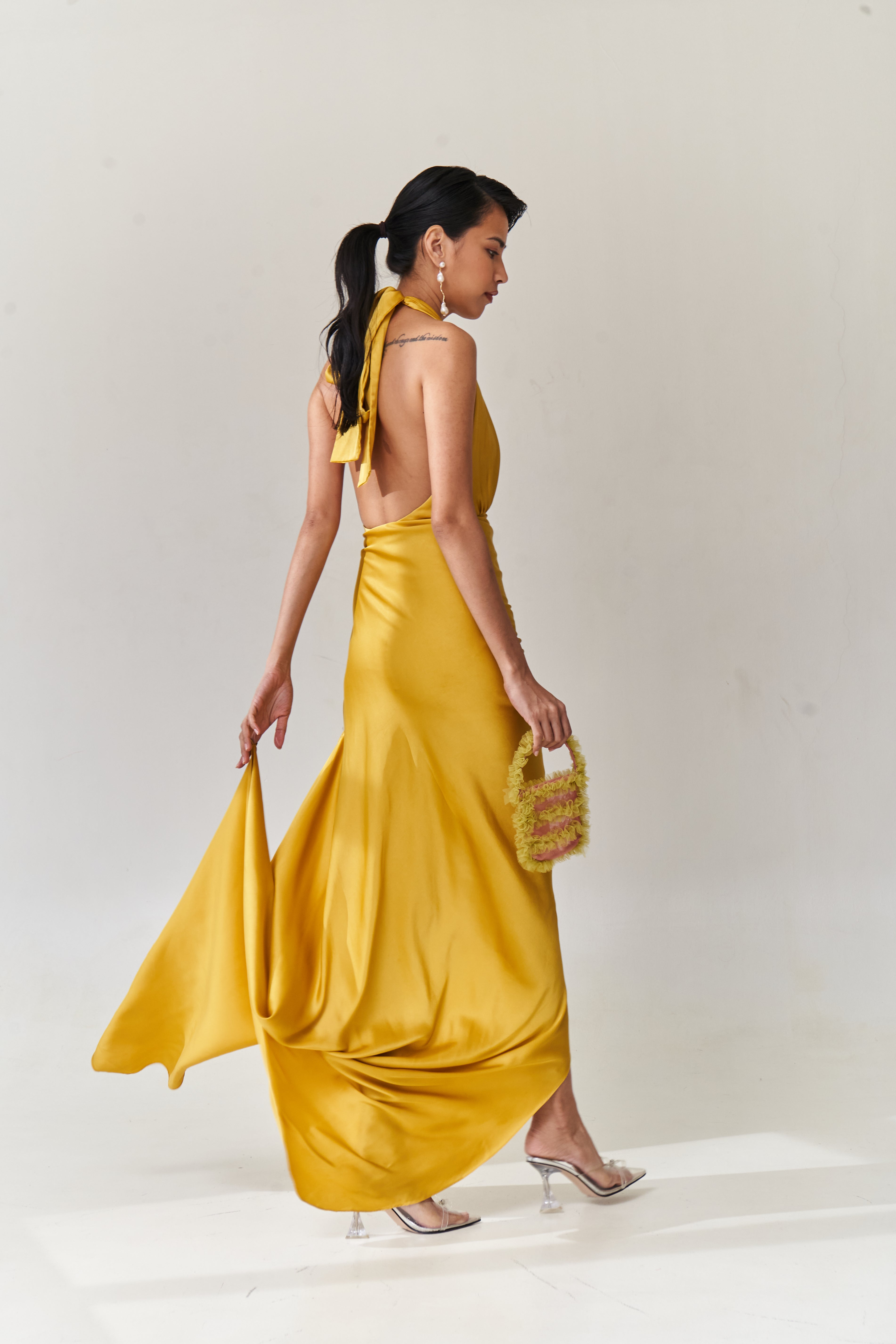 Yellow Silk Halter Dress