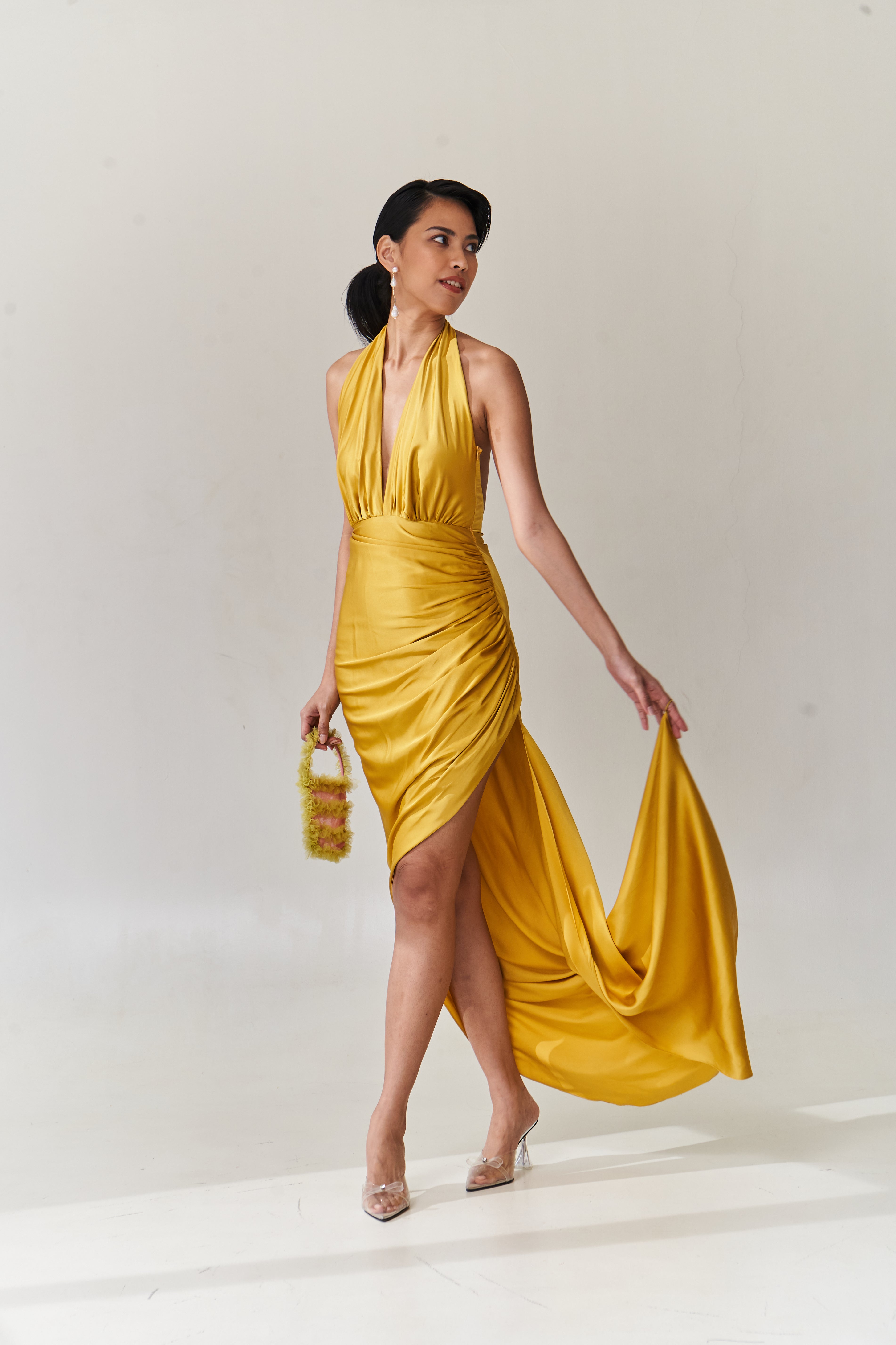 Yellow Silk Halter Dress