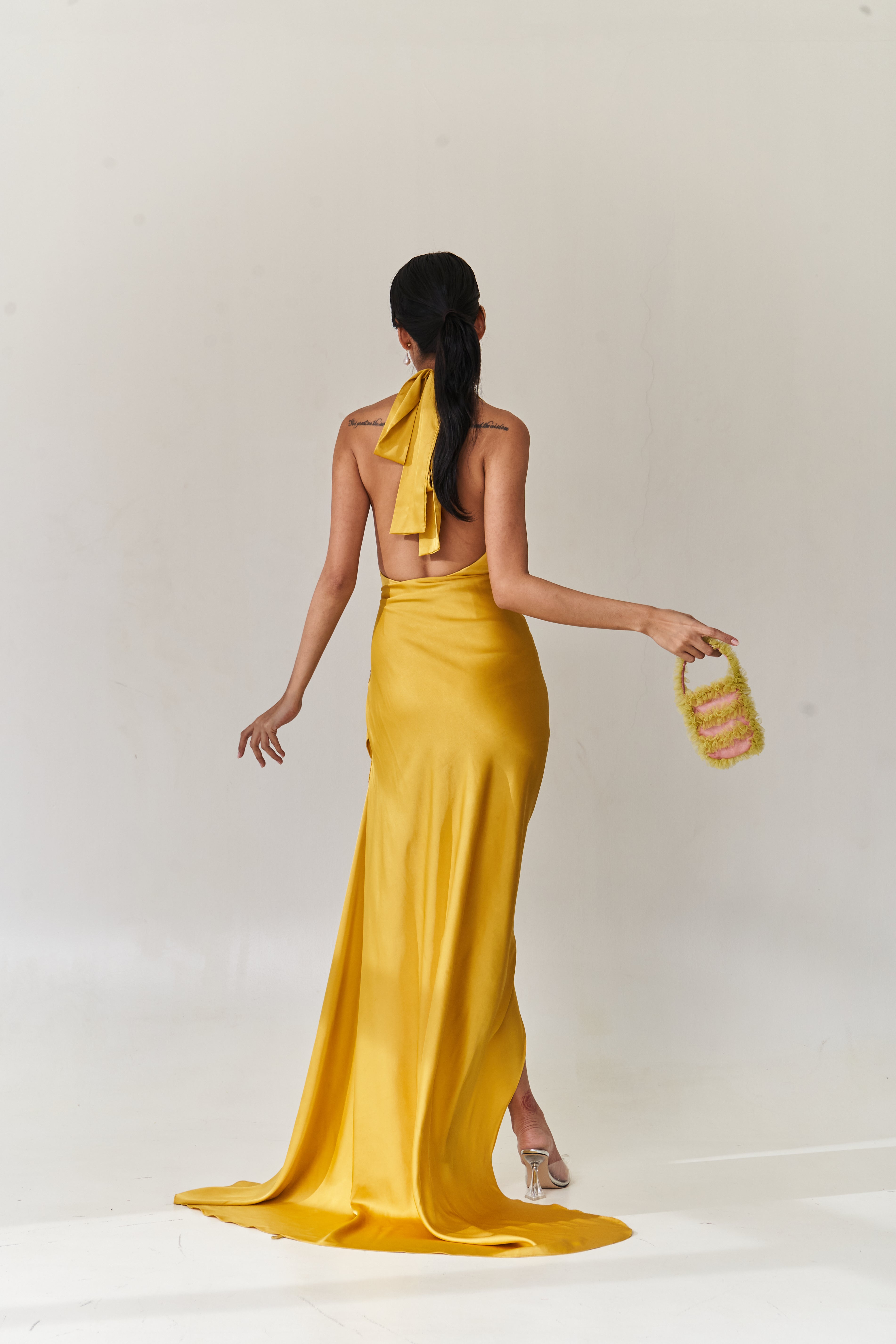 Yellow Silk Halter Dress | VESTIDO