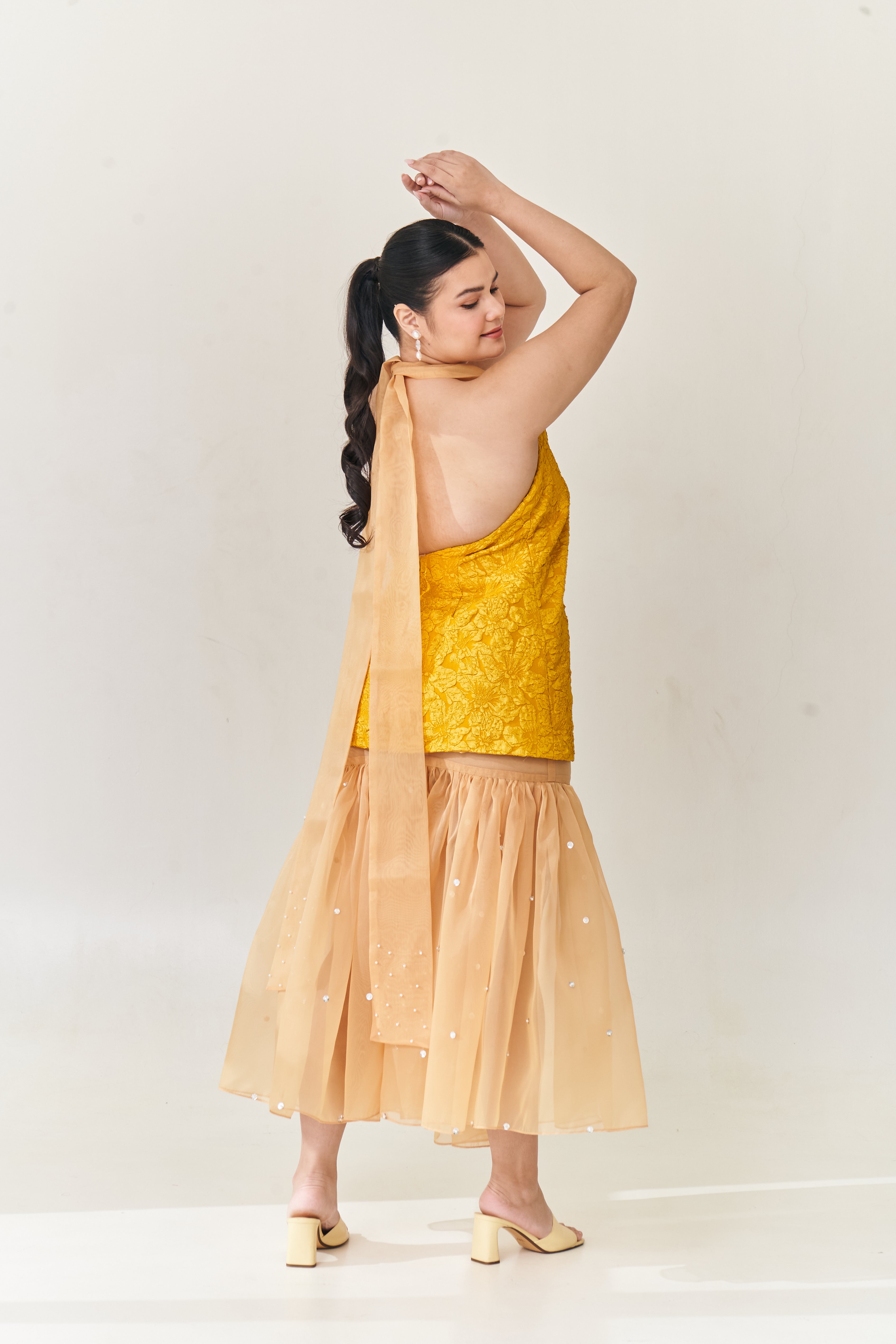 Mustard Halter Dress with Detachable Long Skirt