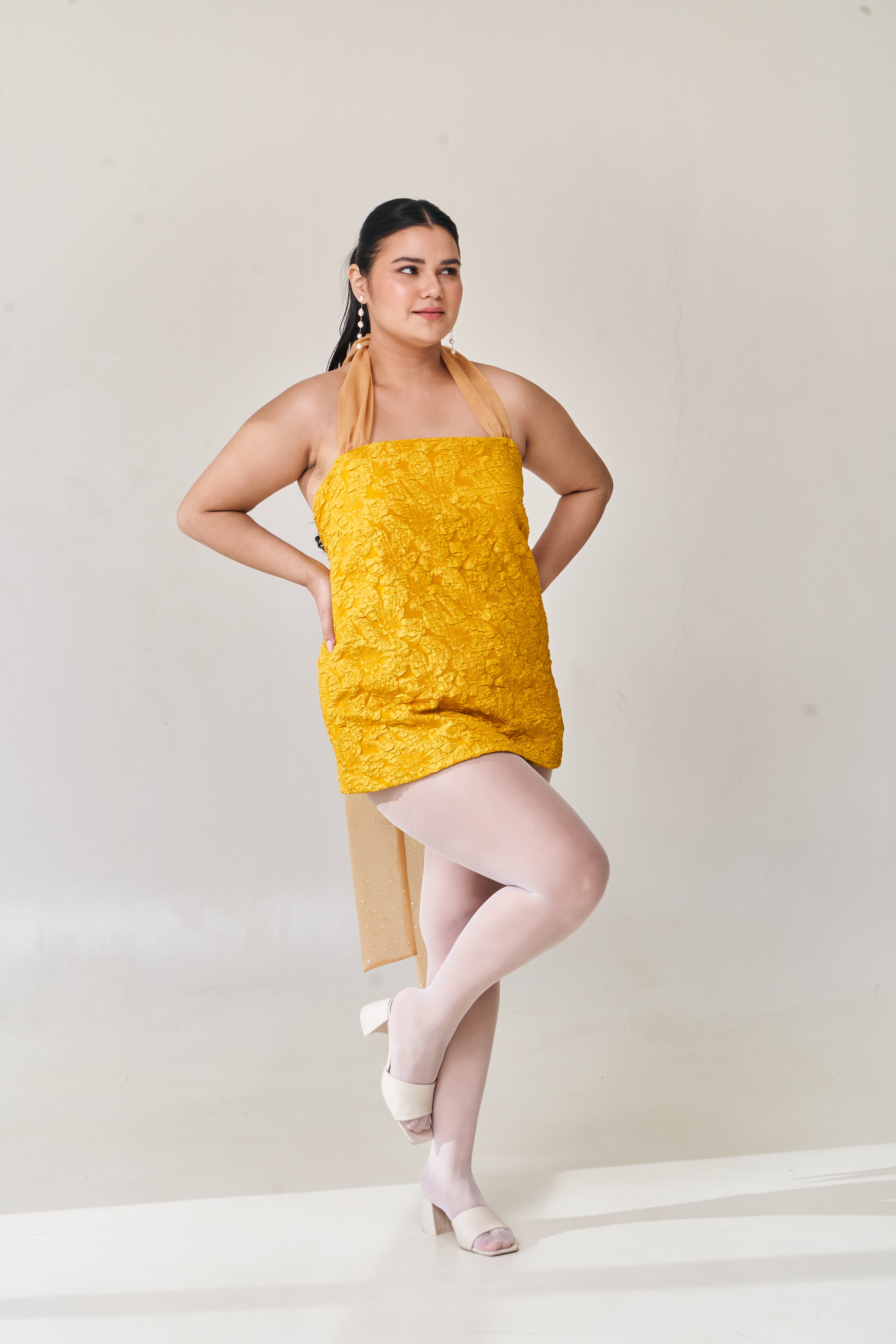 Mustard Halter Dress with Detachable Long Skirt