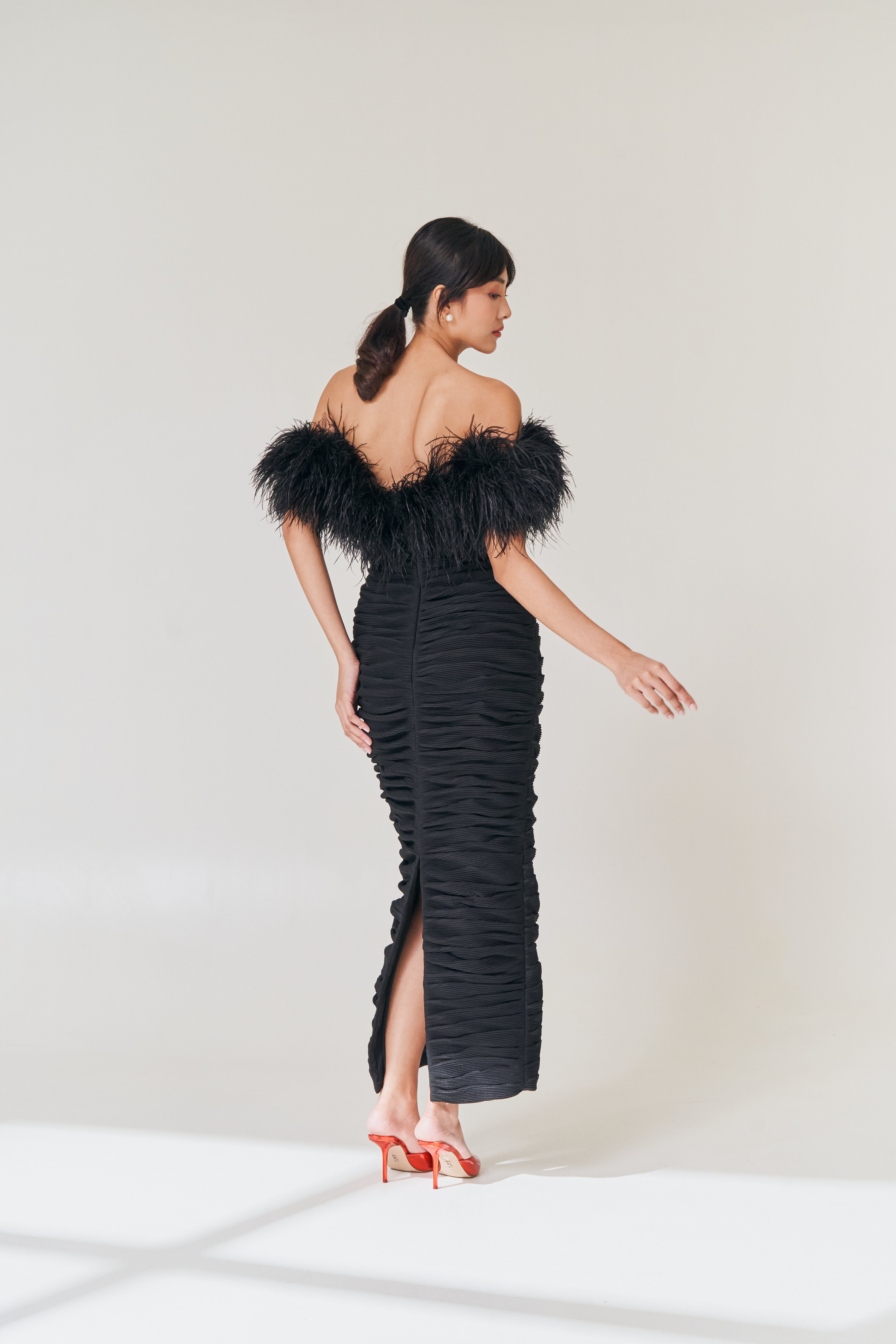 Feather Trim Ruched Gown