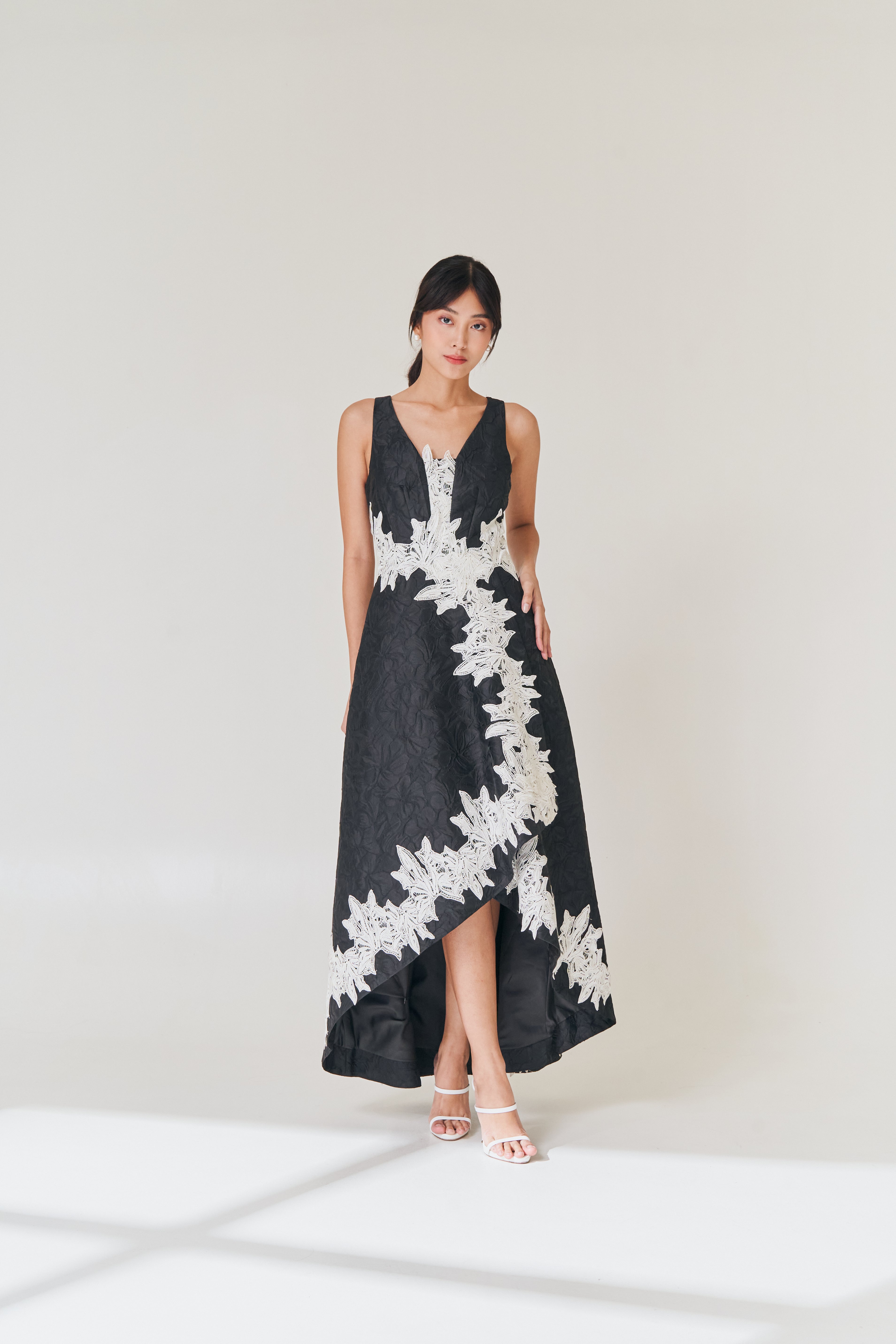 Black Brocade Gown with White Applique