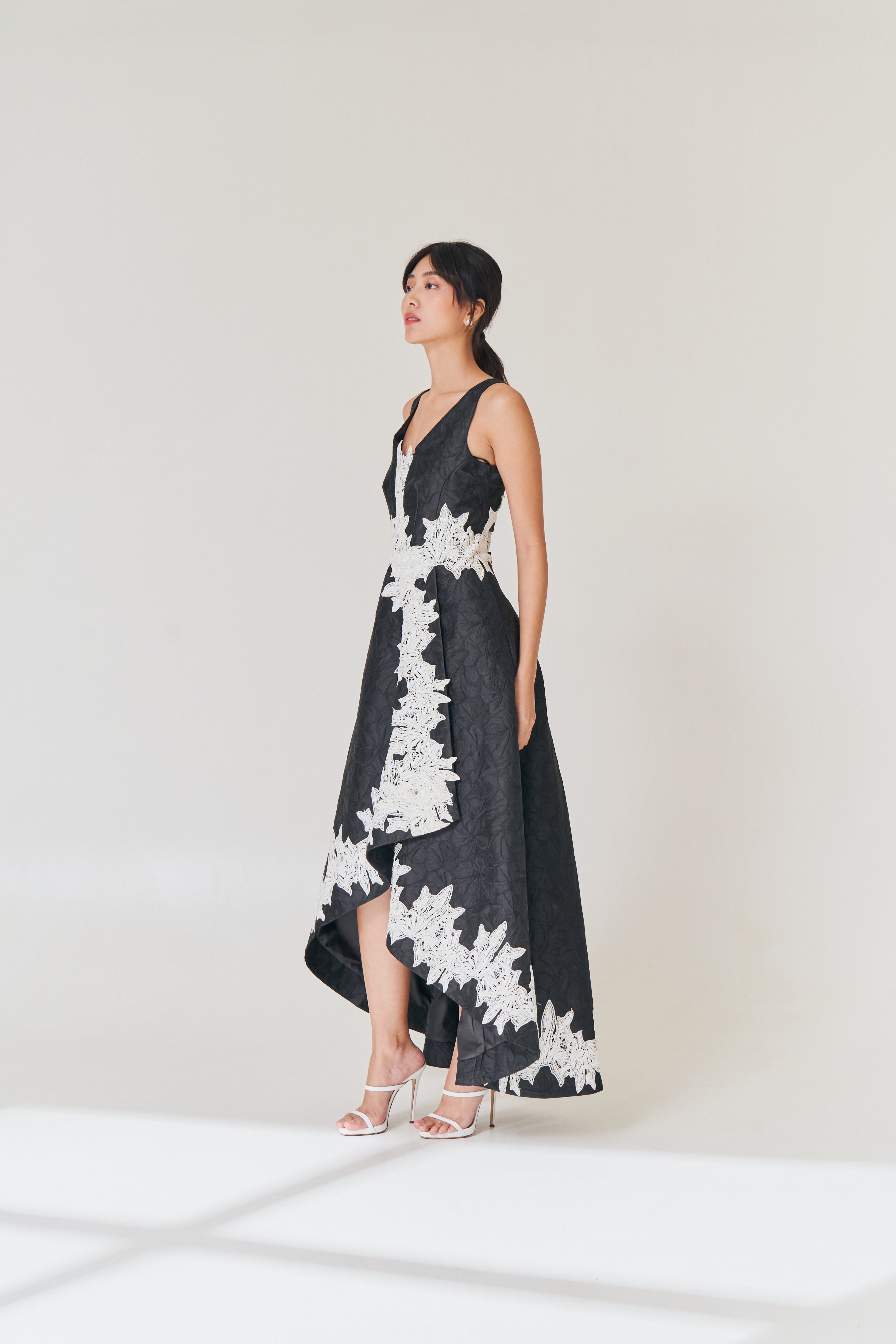 Black Brocade Gown with White Applique