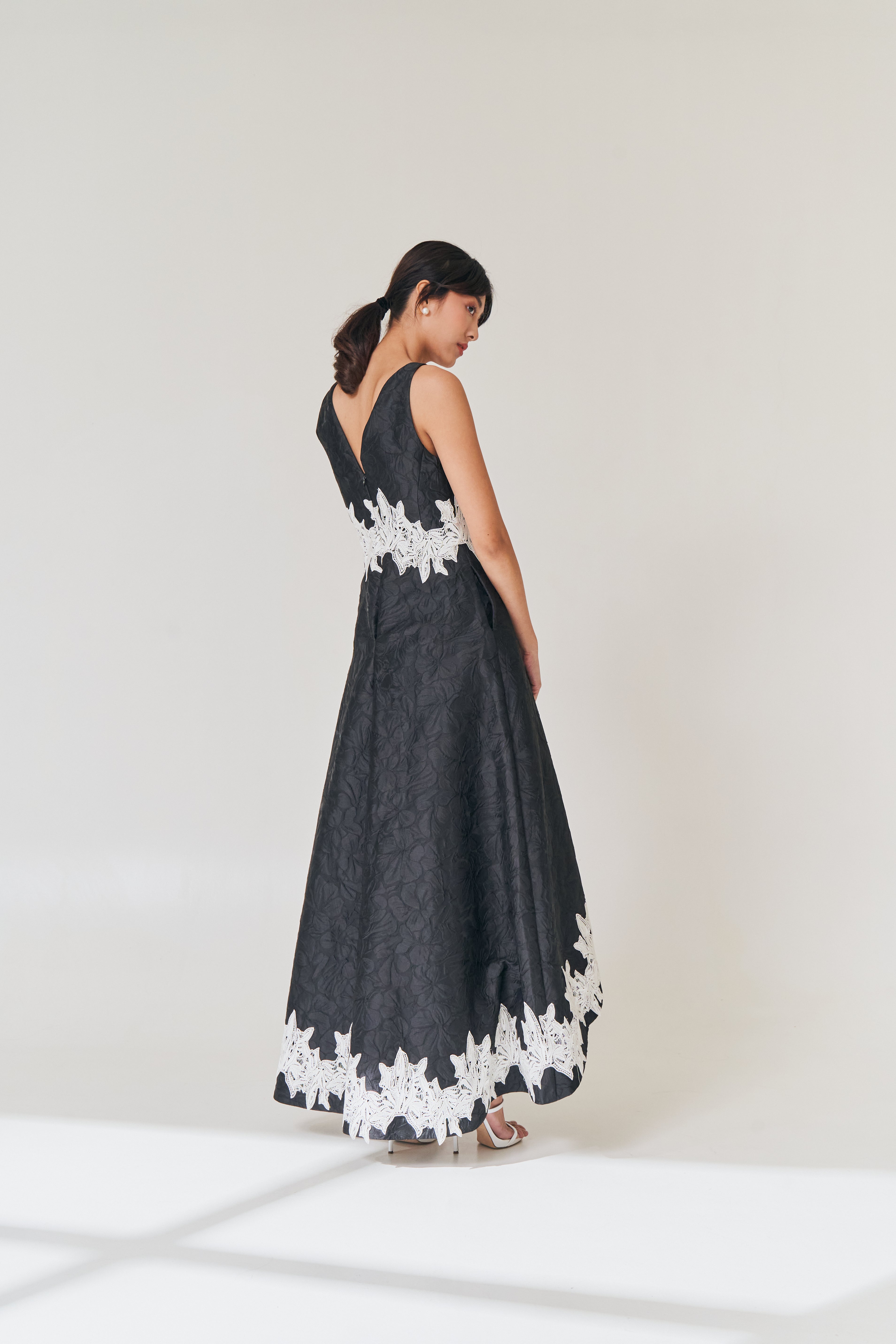 Black Brocade Gown with White Applique