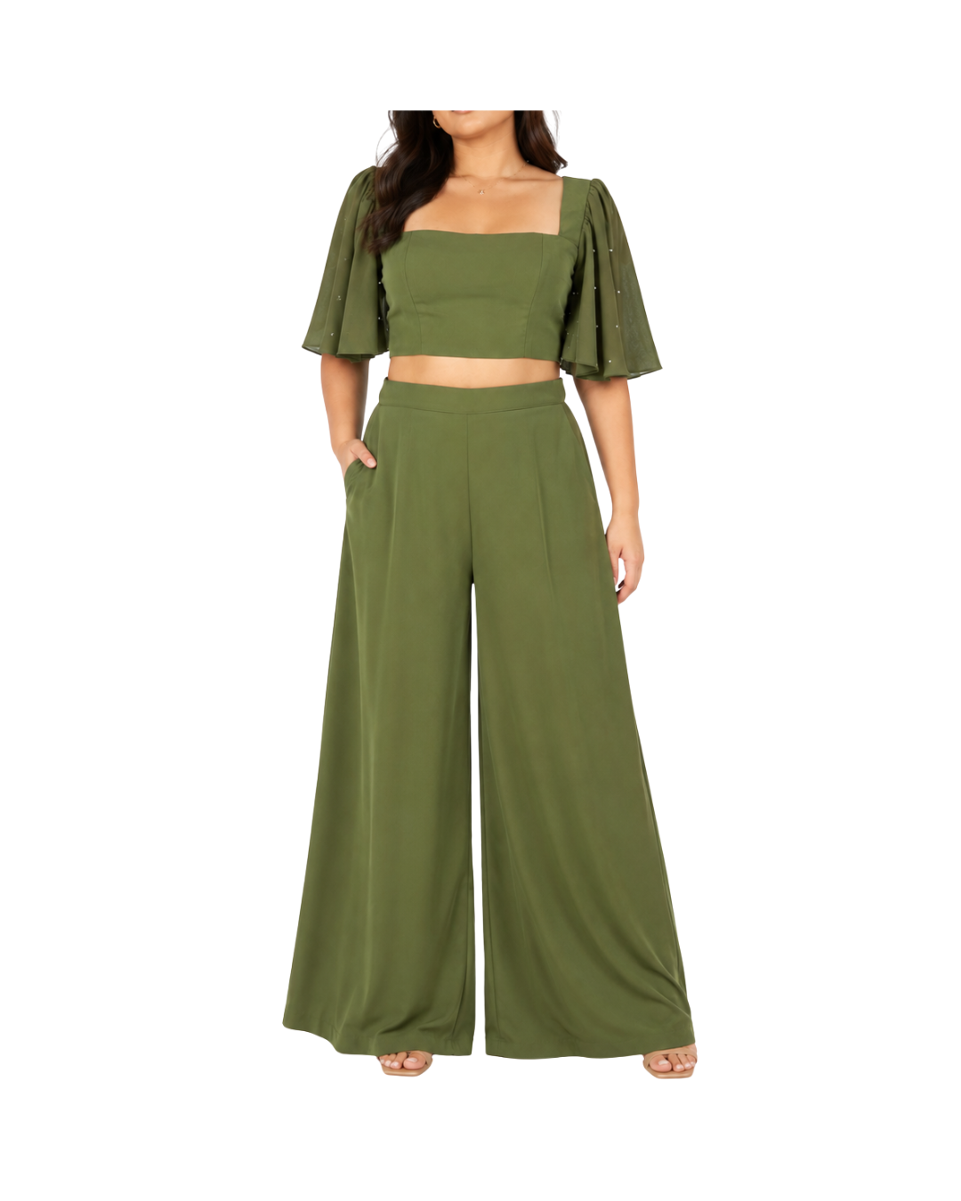Bell Sleeves Pantsuit with Pearl Details