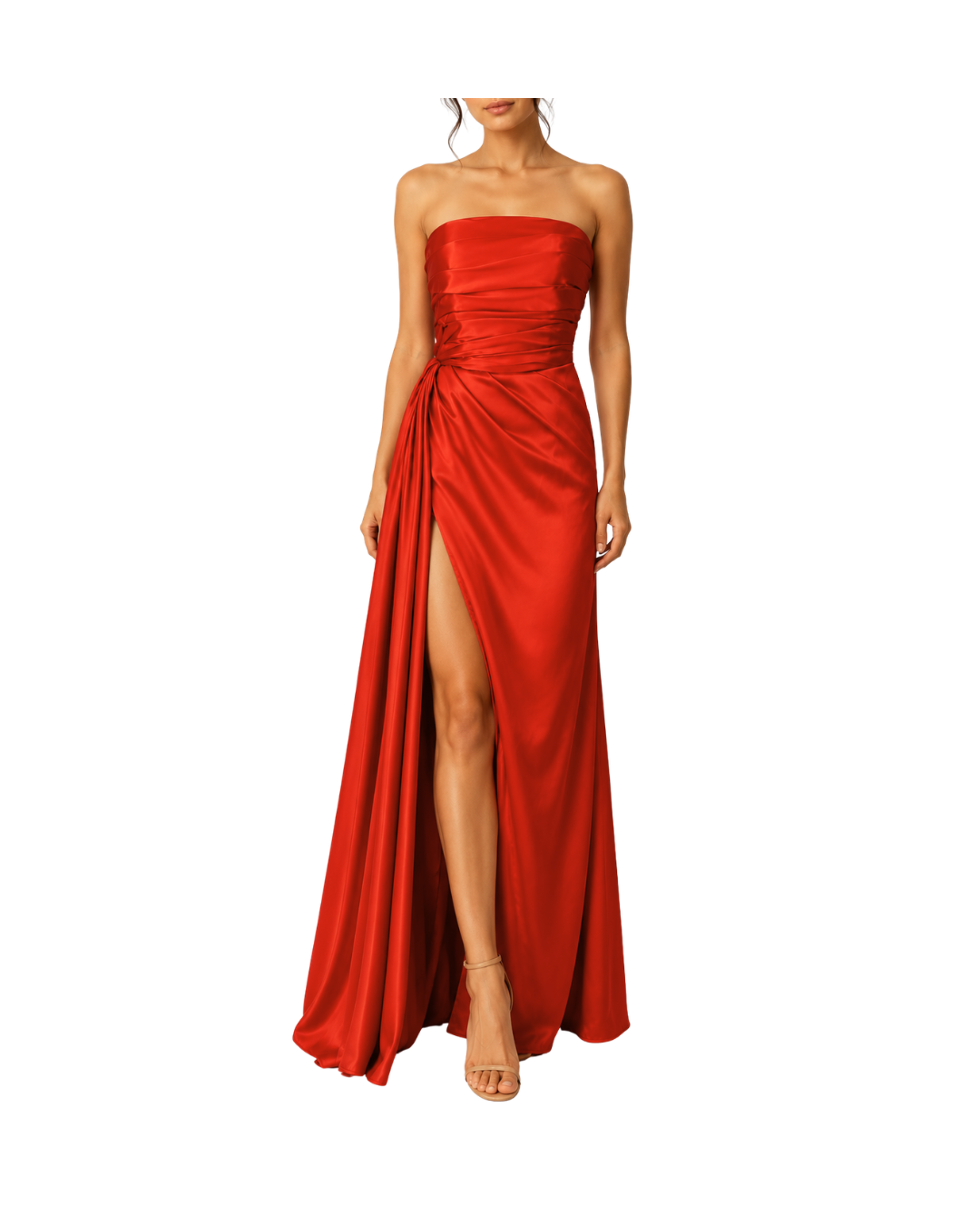 Red Orange Satin Strapless Gown with Slit