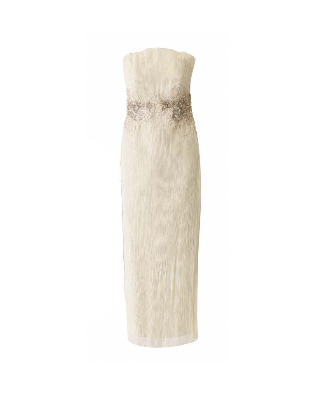 Pleated Cream Dress with Floral Applique