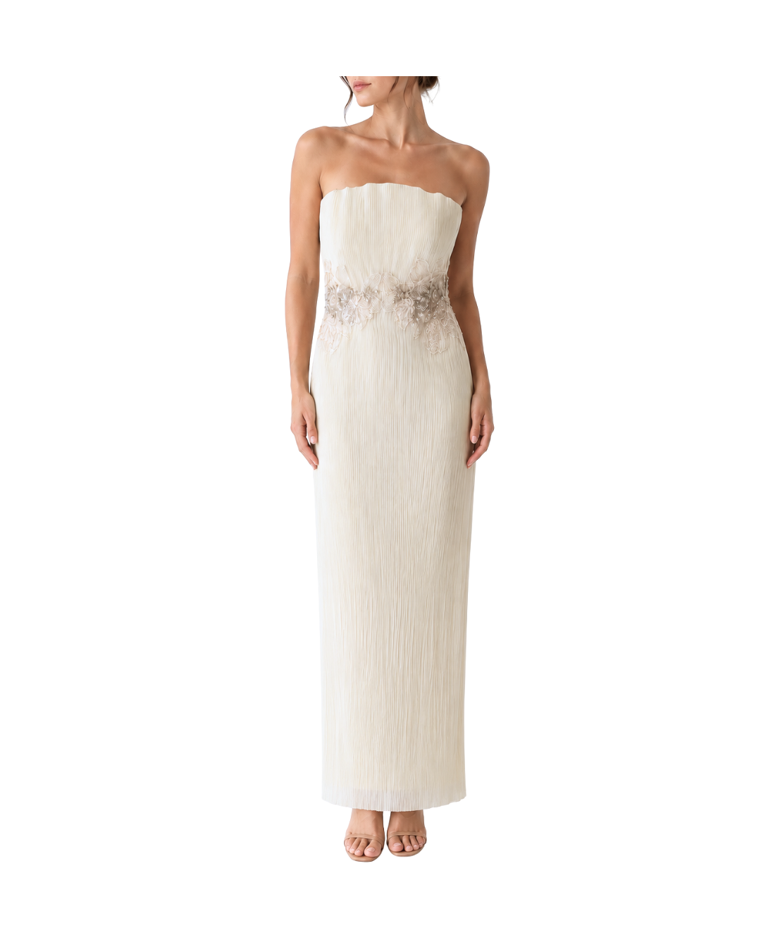 Pleated Cream Dress with Floral Applique