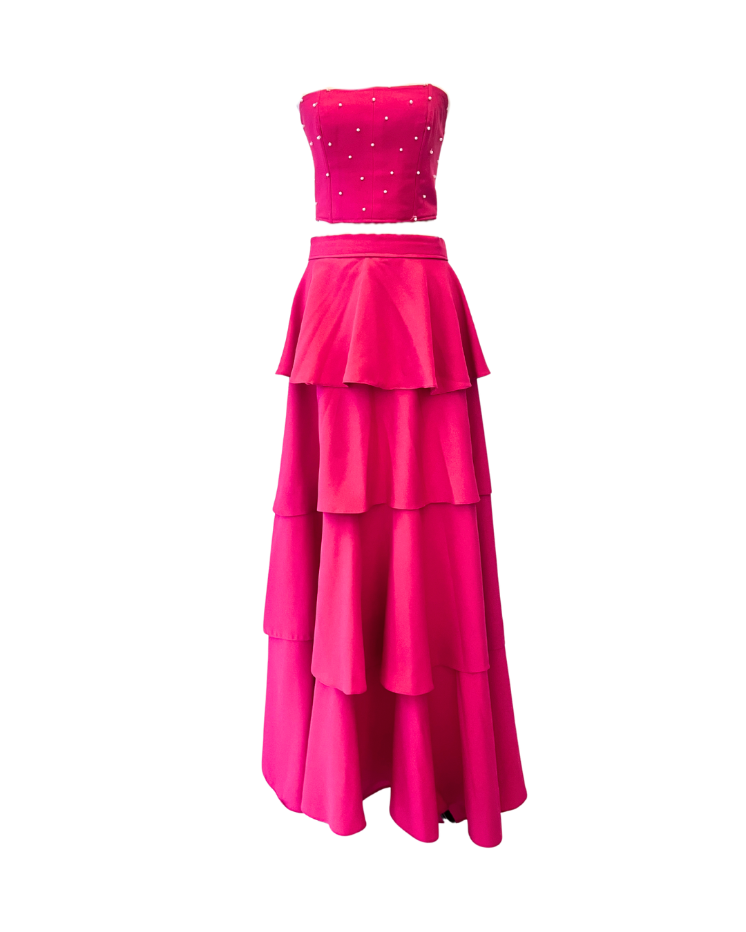 Two Piece Pink Ruffled Skirt Set with Pearls