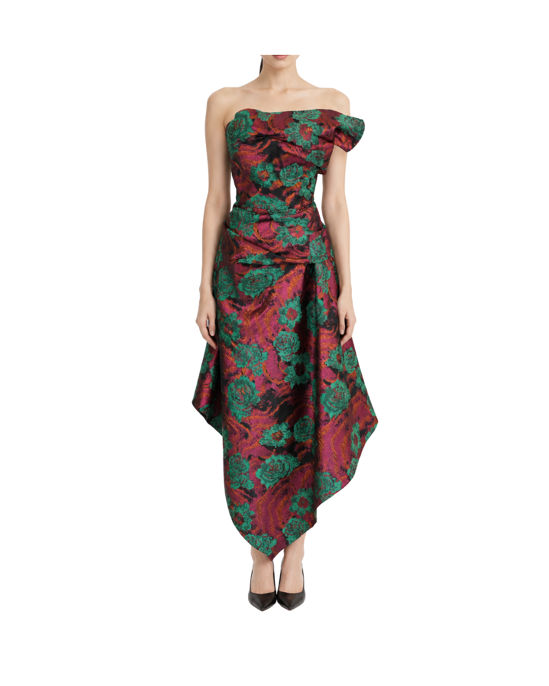 Floral Jacquard Draped Gown