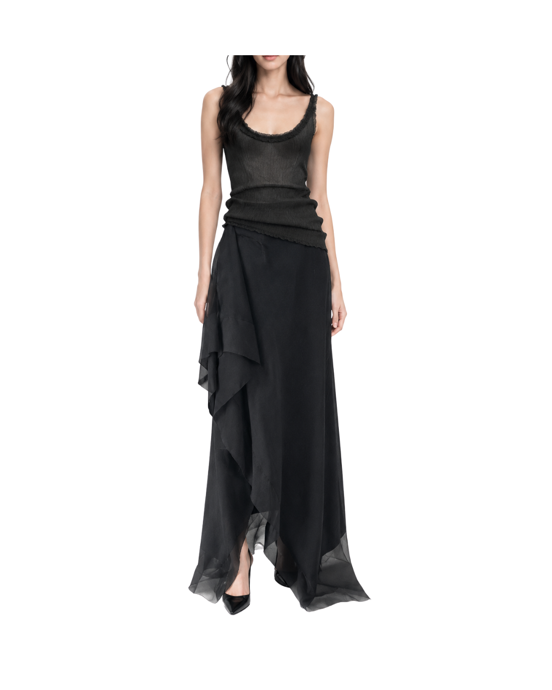 Sheer Charcoal Pleated Top and Skirt Set