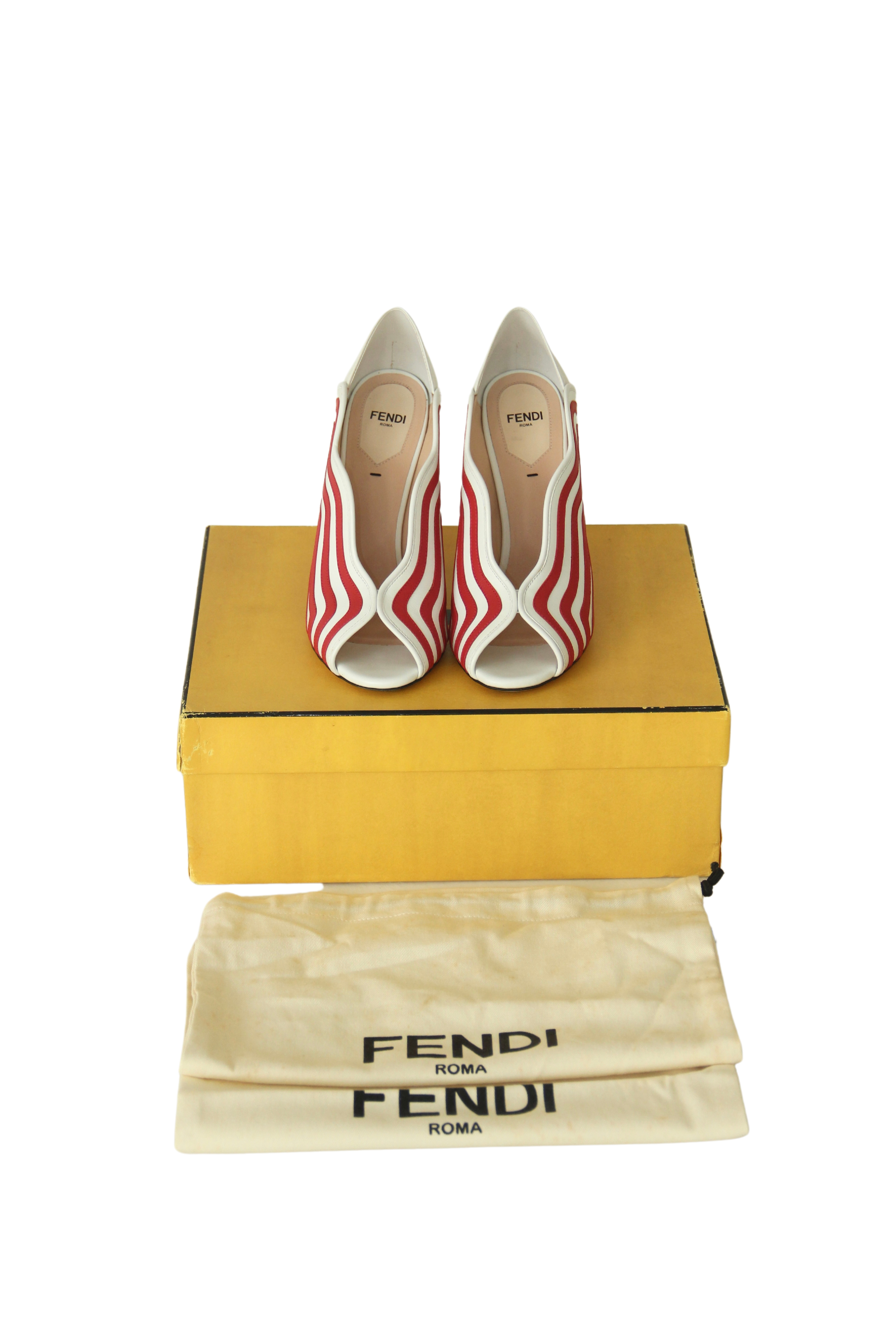 White and Red Striped Leather Pumps