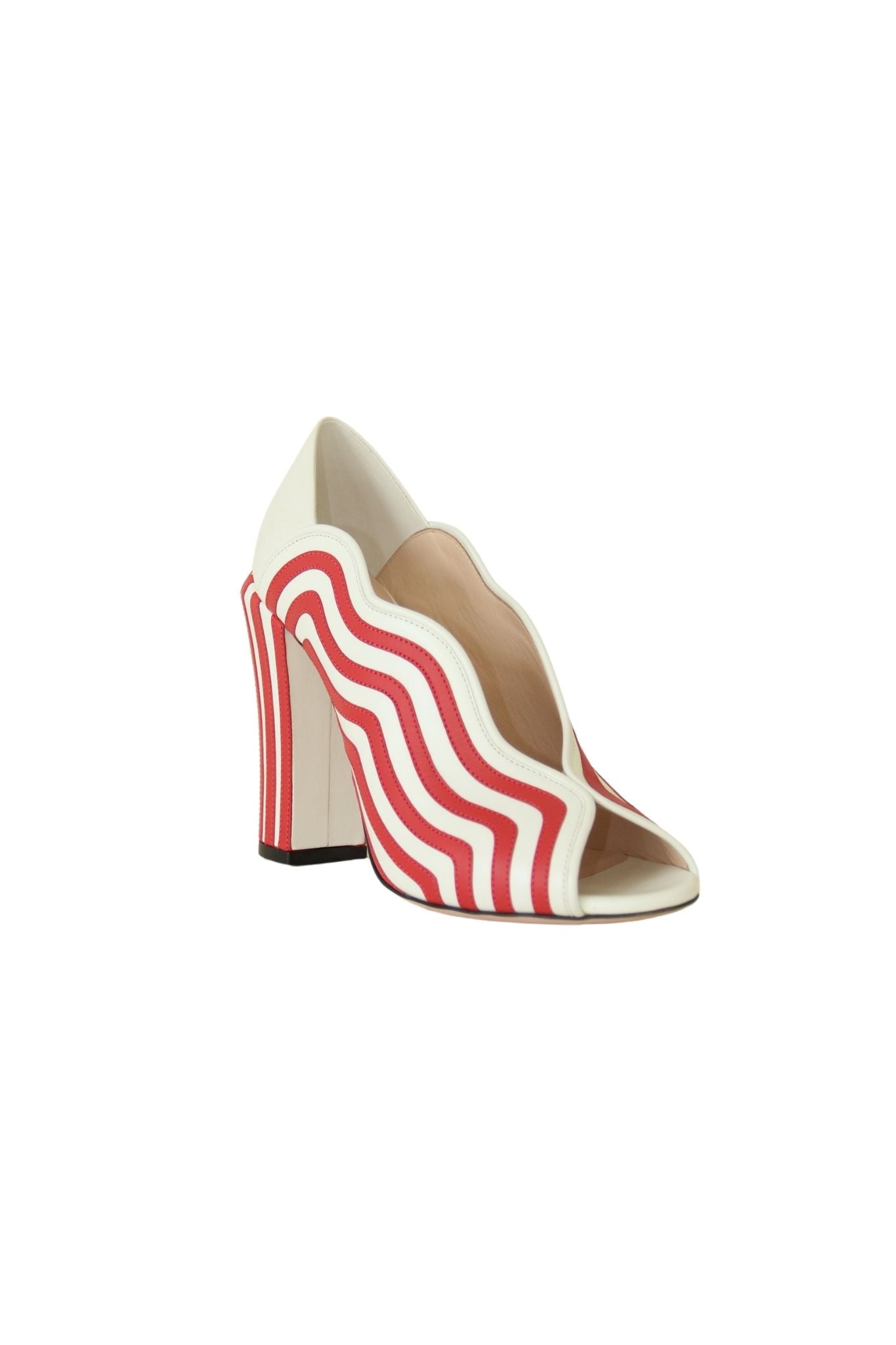 White and Red Striped Leather Pumps