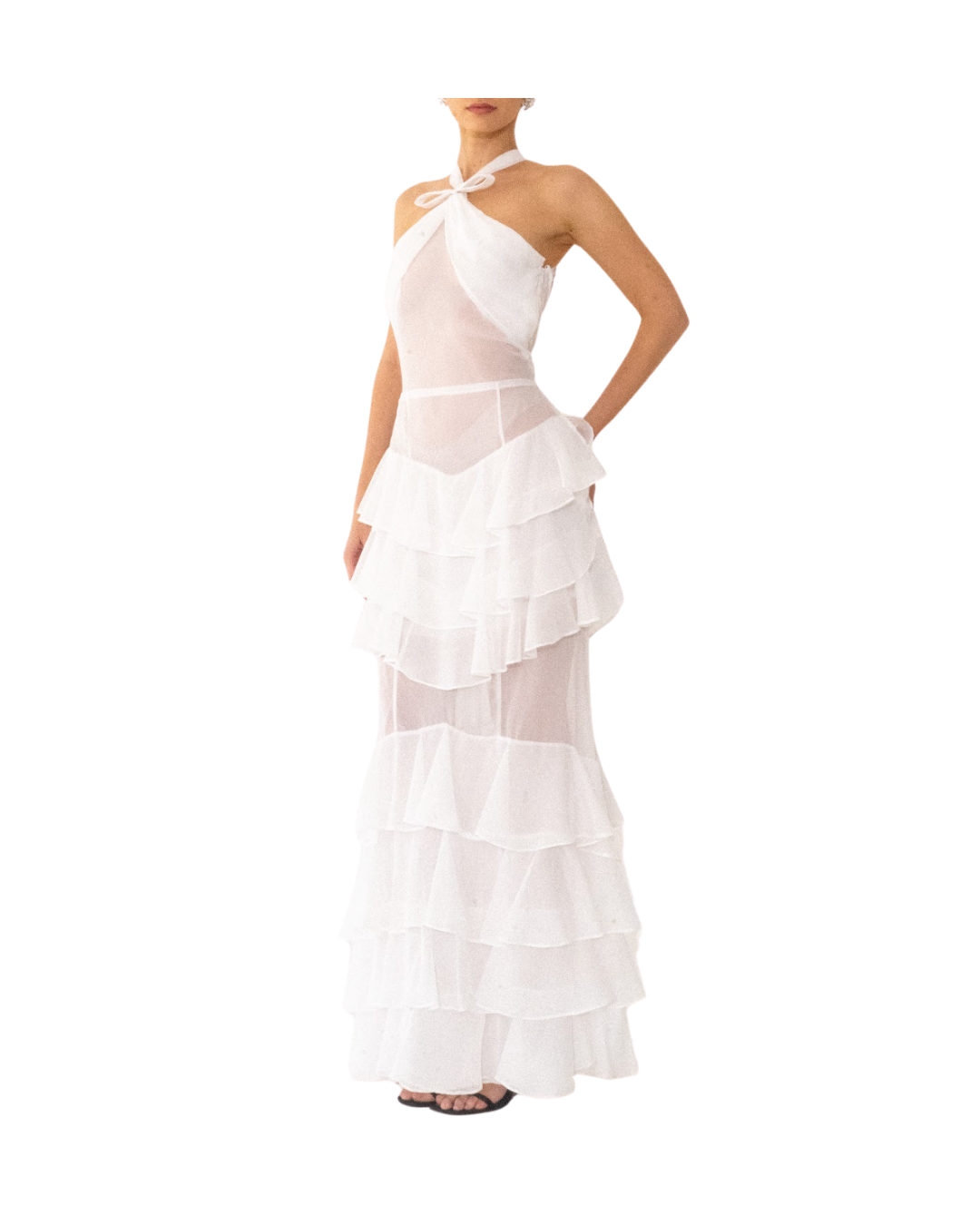 White Halter Chiffon Tiered Dress