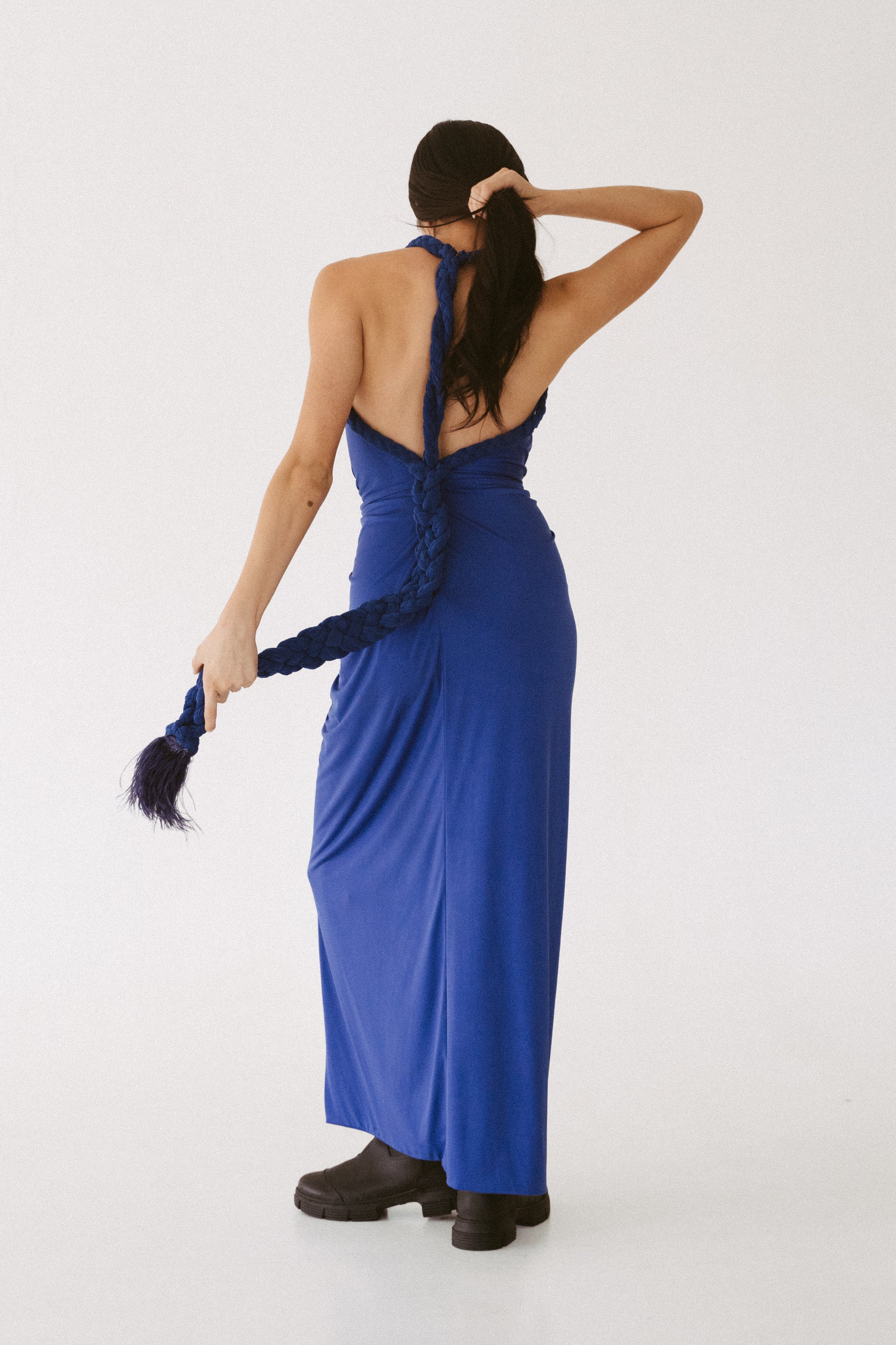 Blue Draped Gown with Braided Details