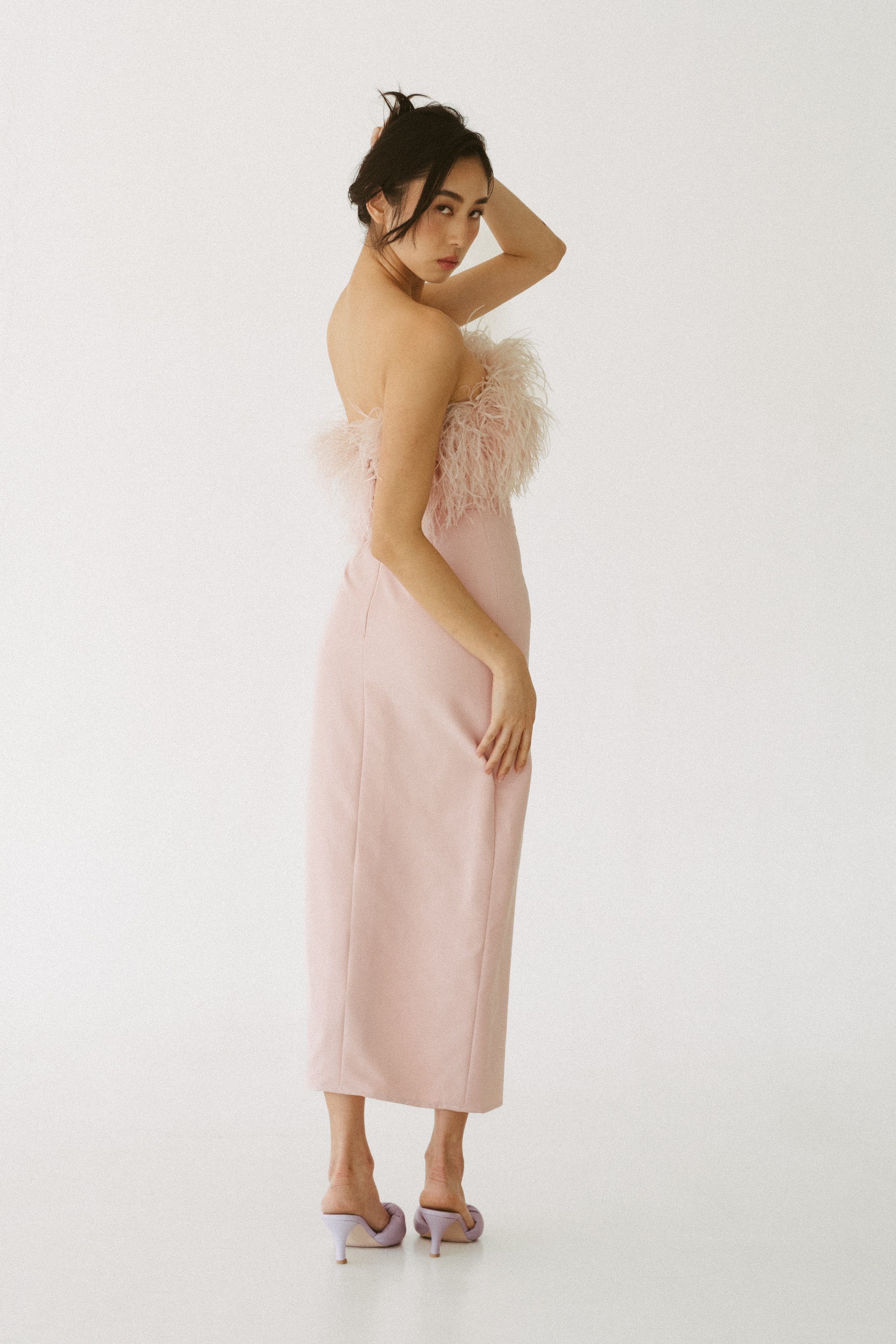 Pink Feather Dress with Slit