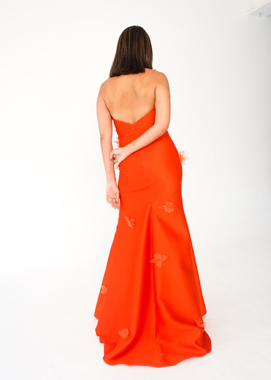 Orange Gazar Dress with Floral and Slit Details