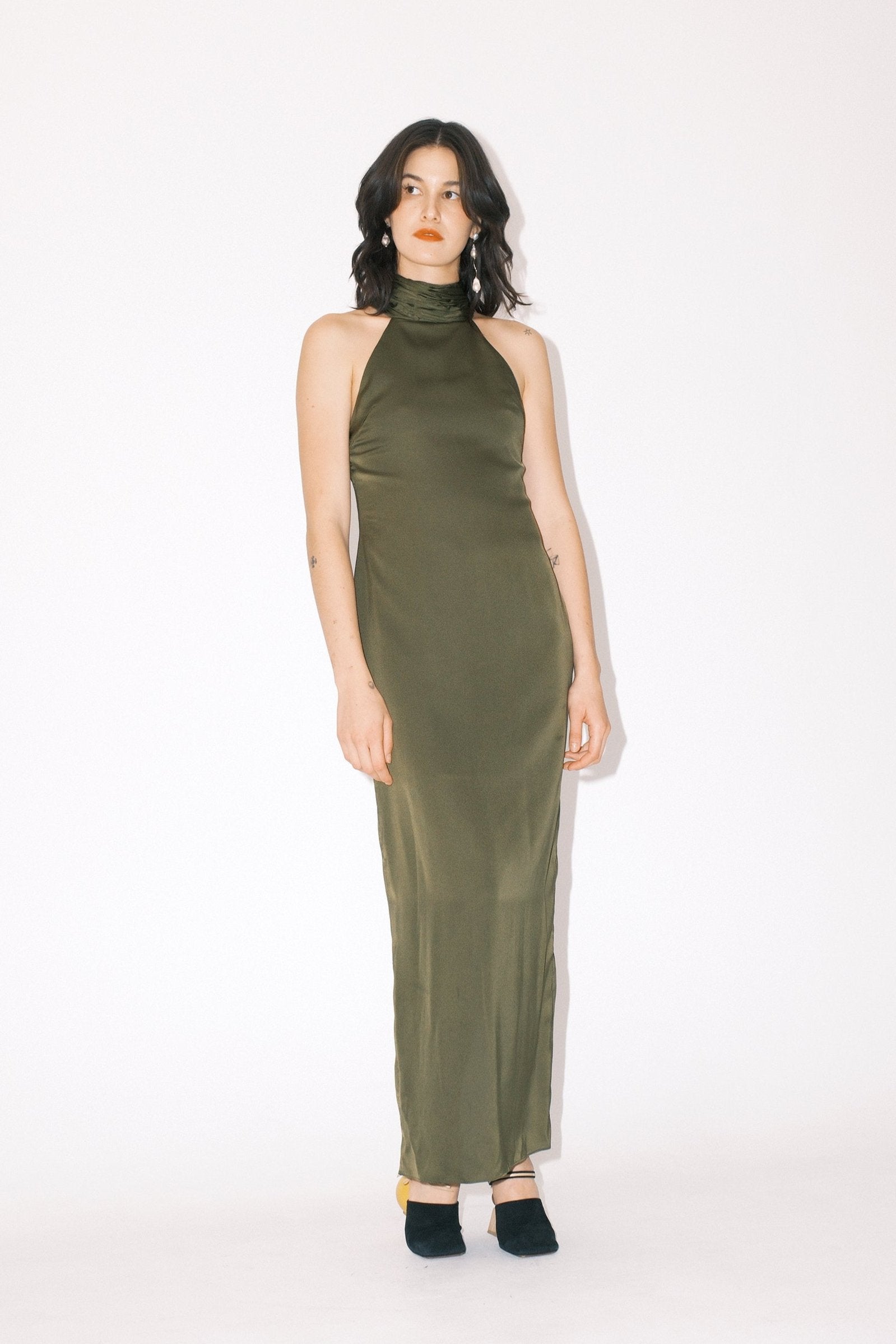 Silk Olive Green Halter Dress