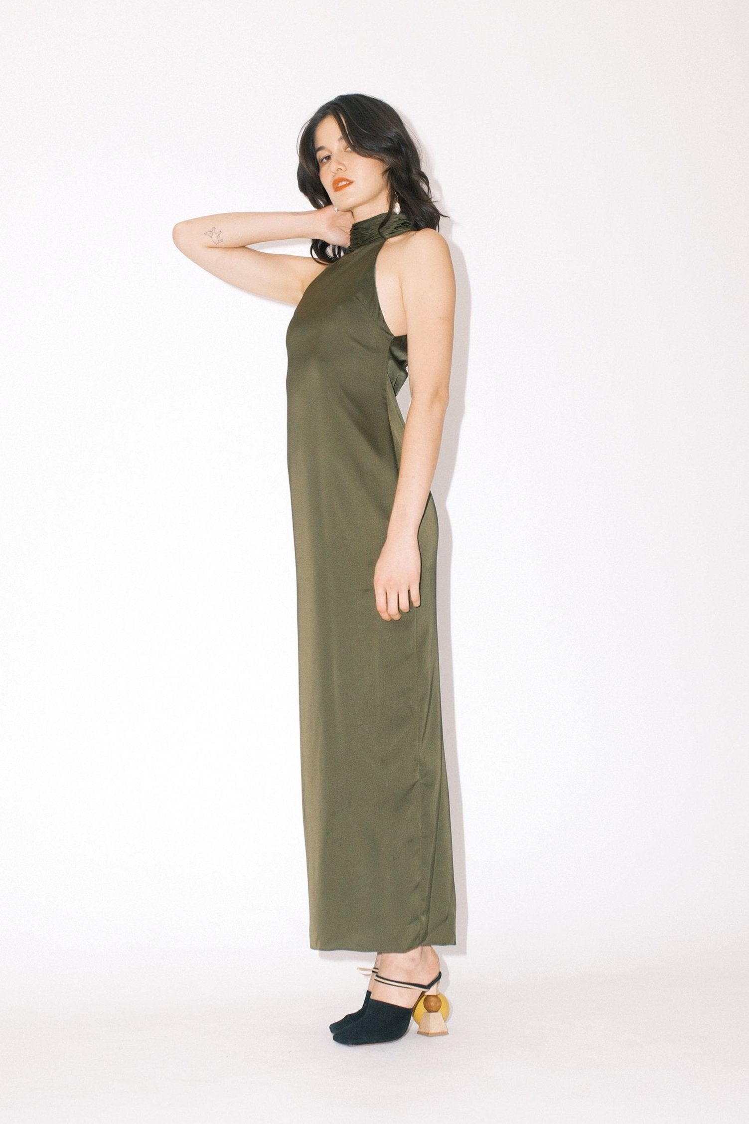 Silk Olive Green Halter Dress