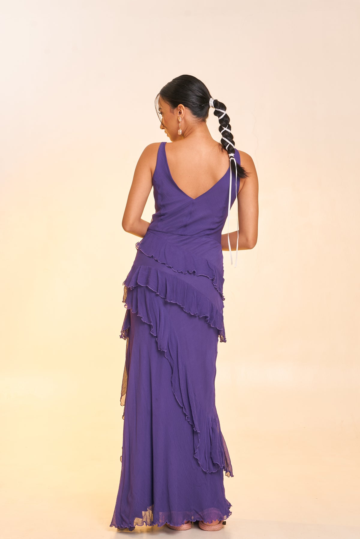 Purple Printed Cotton Tiered A-Line One Piece Dress