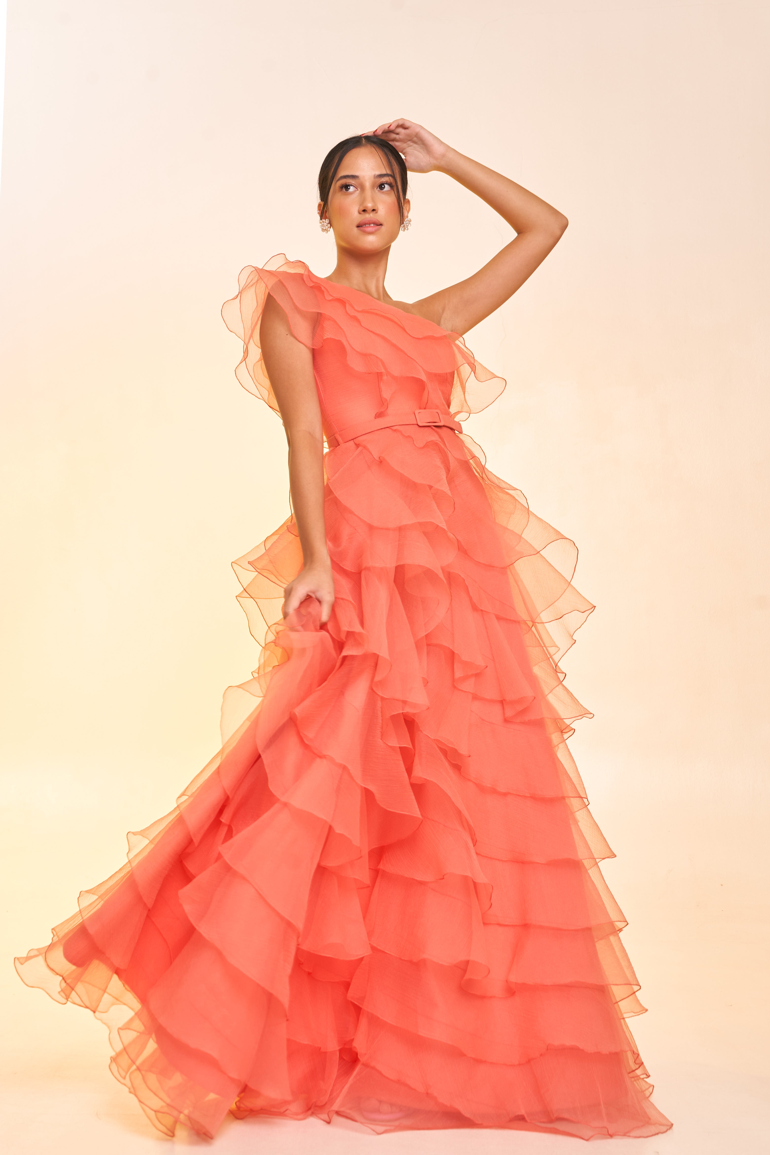 Ruffled One Shoulder Gown