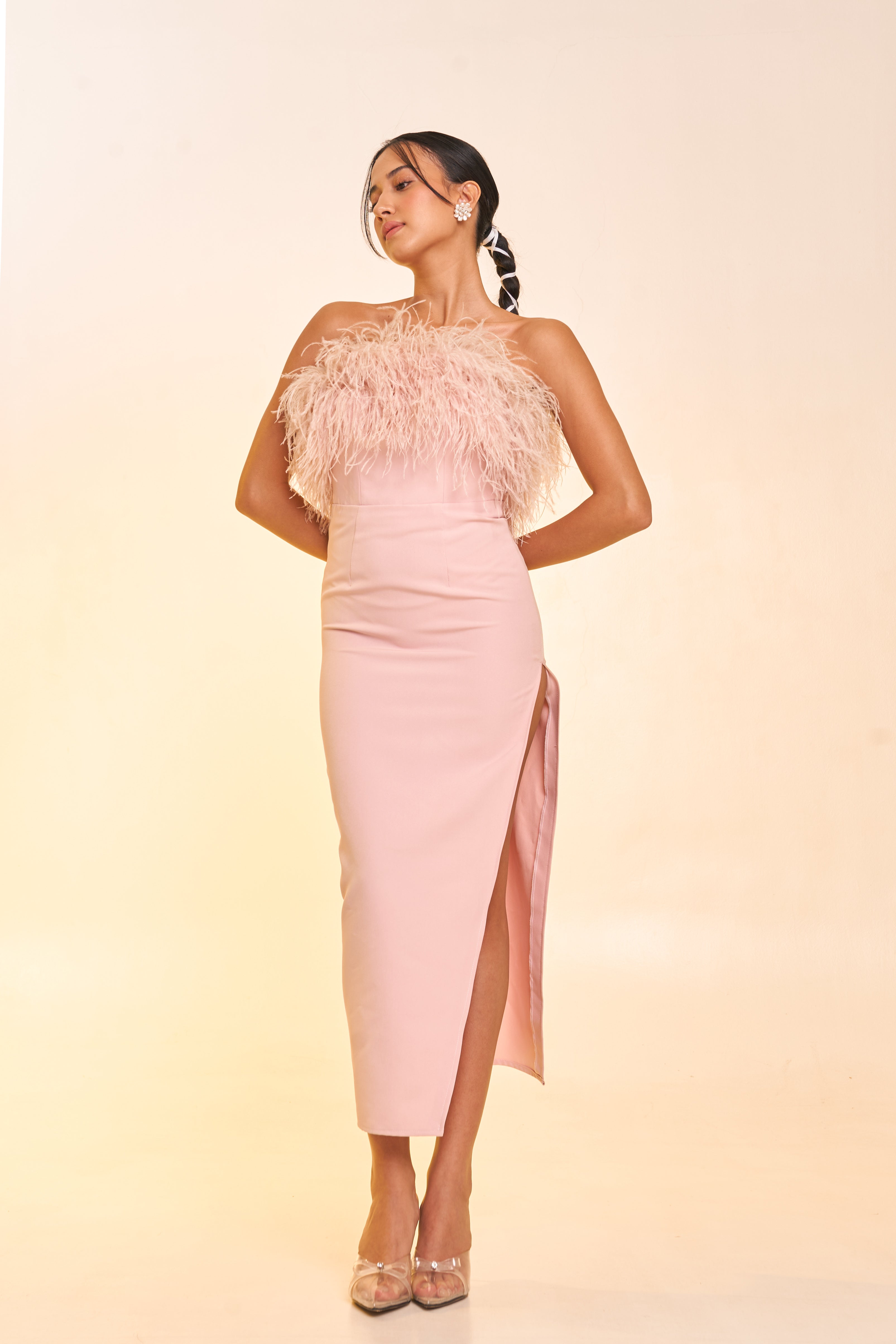 Pink Feather Dress with Slit