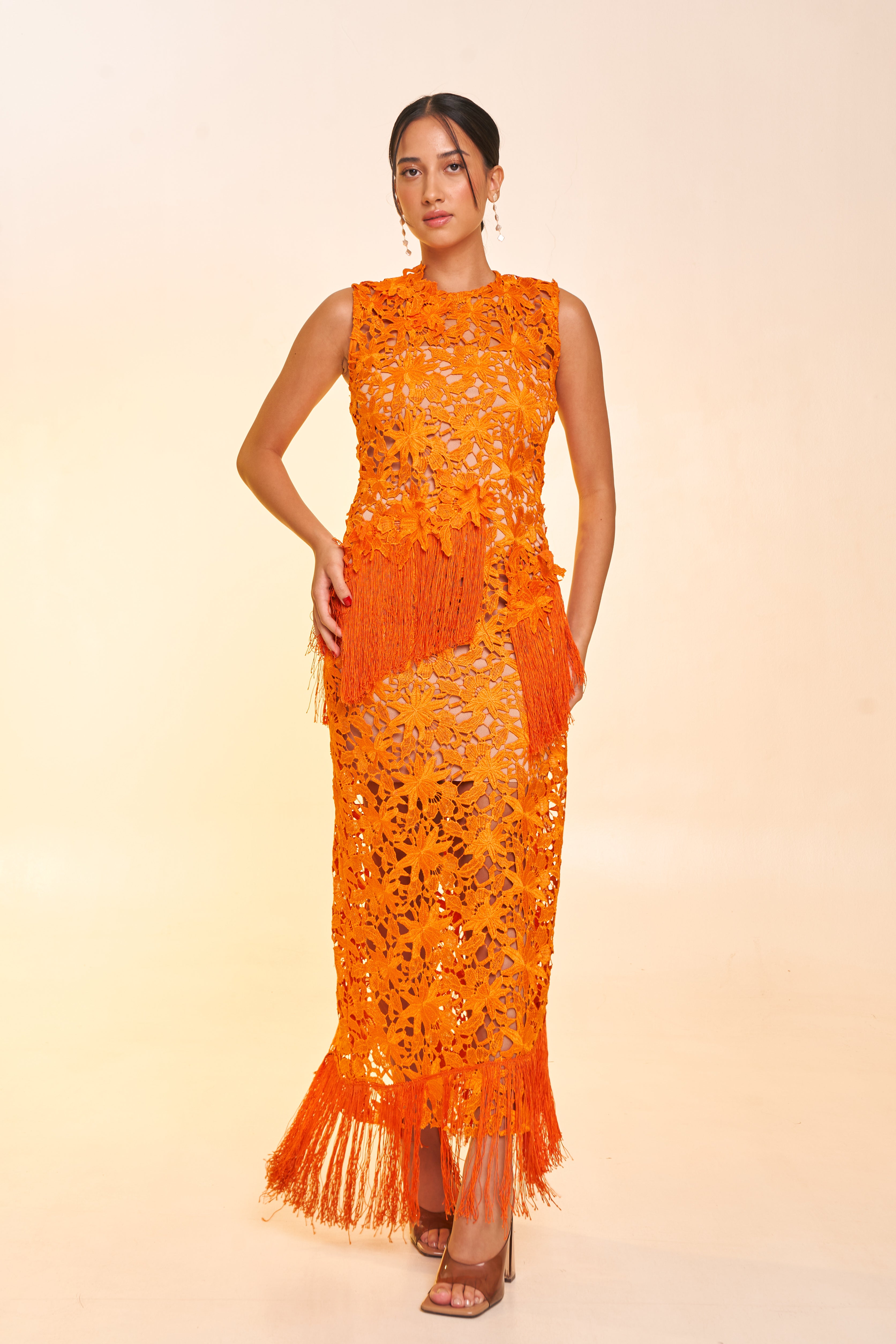 Orange Guipure Lace Dress with Tassels