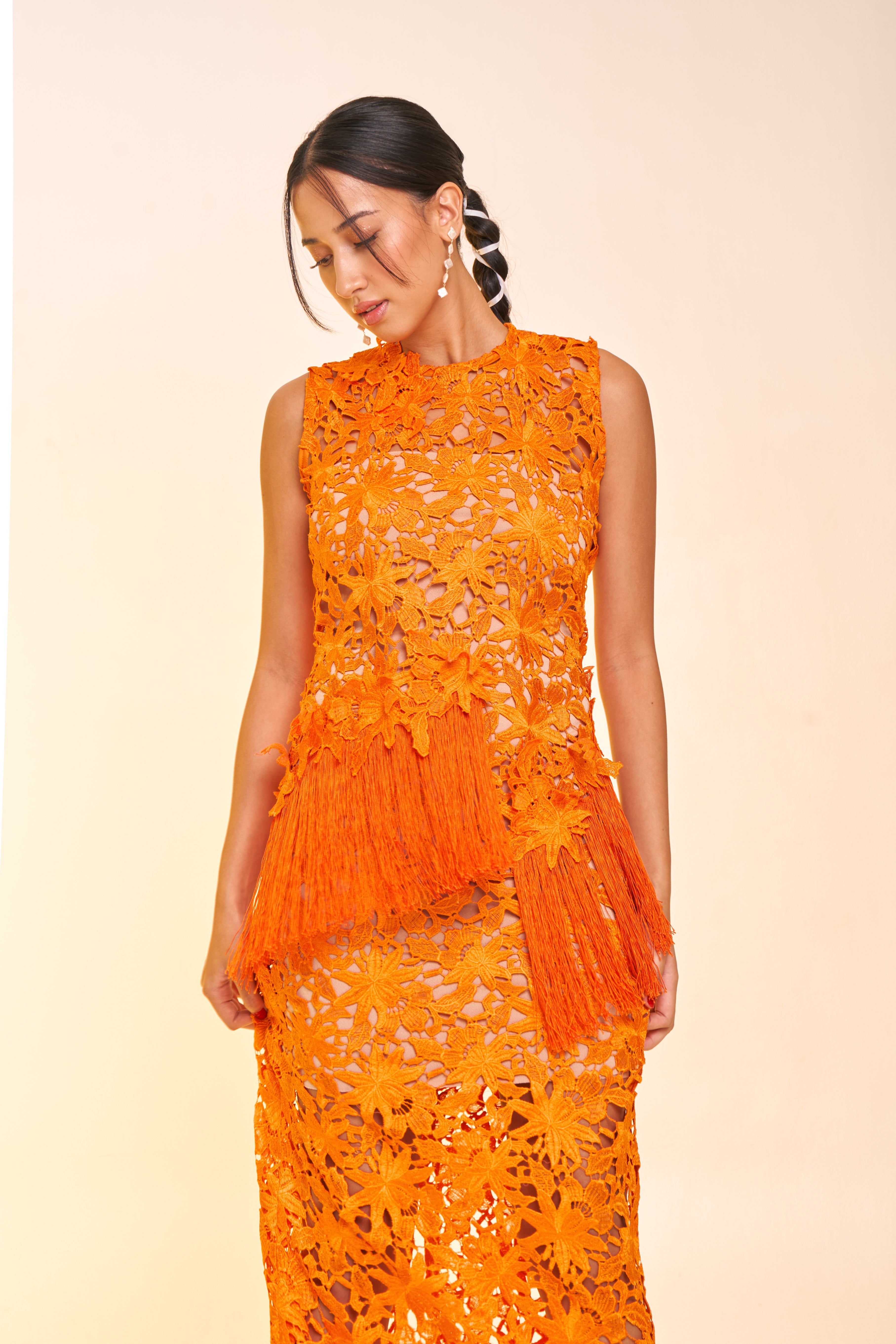 Orange Guipure Lace Dress with Tassels
