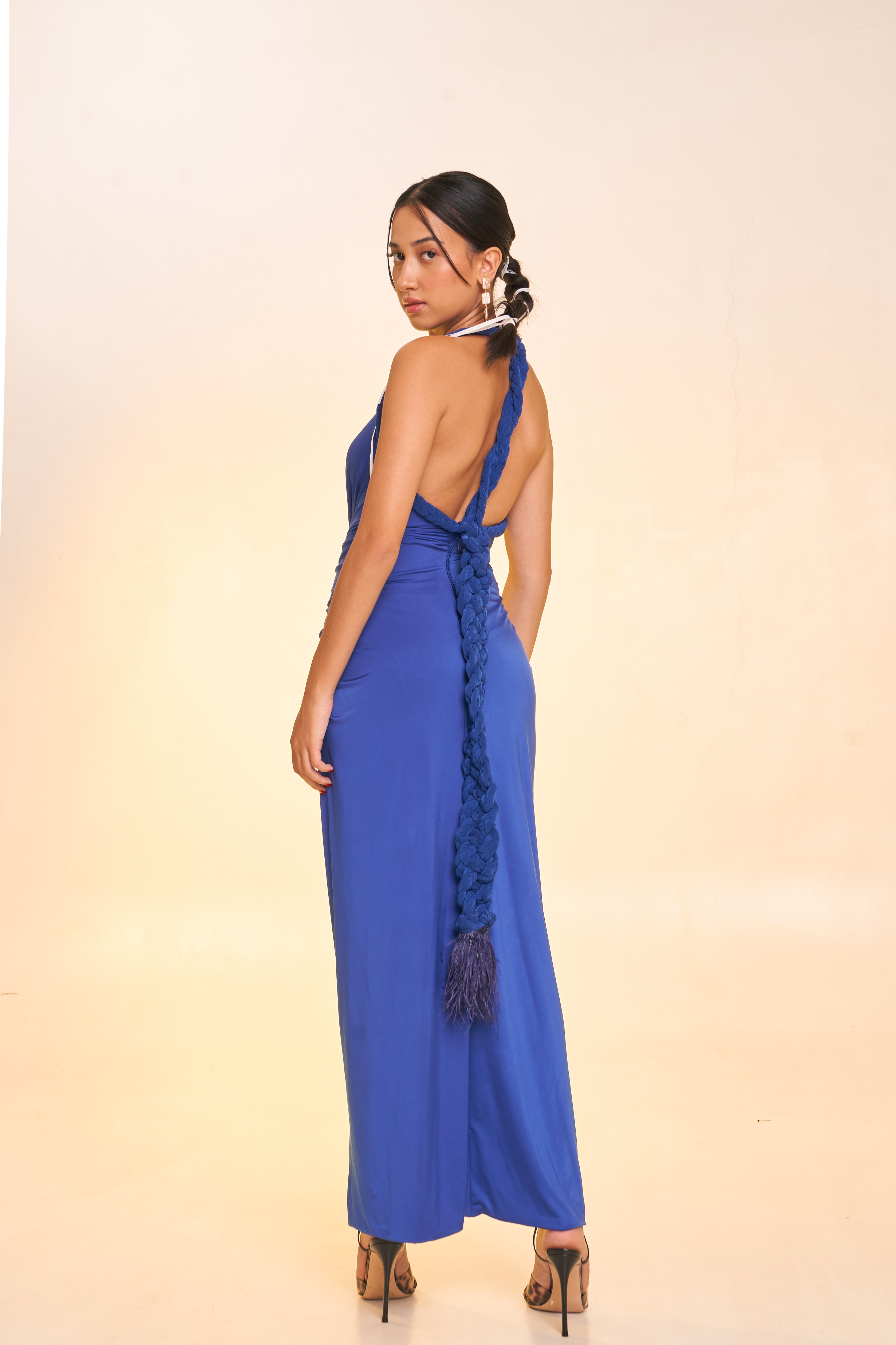 Blue Draped Gown with Braided Details