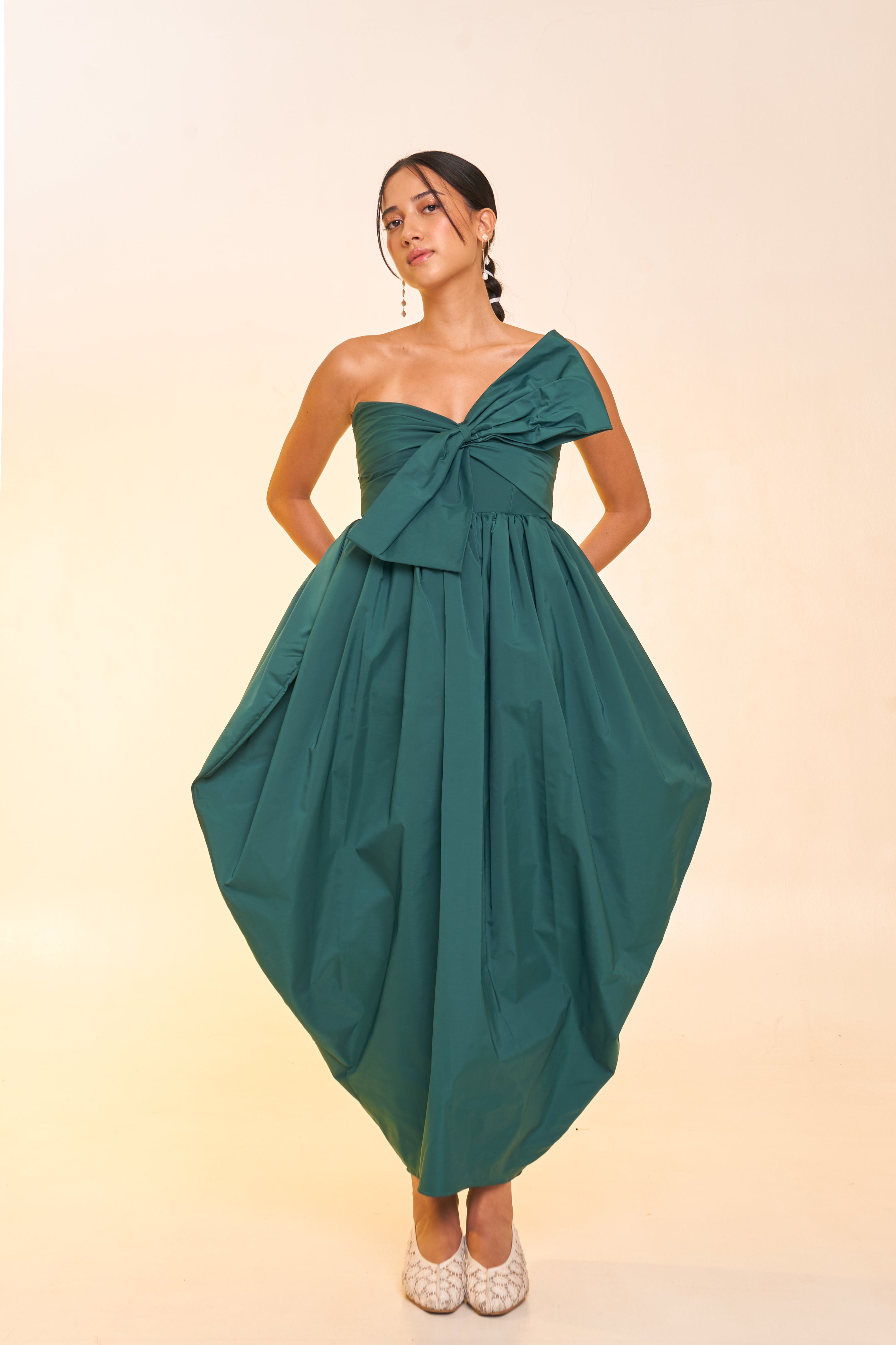Emerald Cocoon Dress with  Bow Detail
