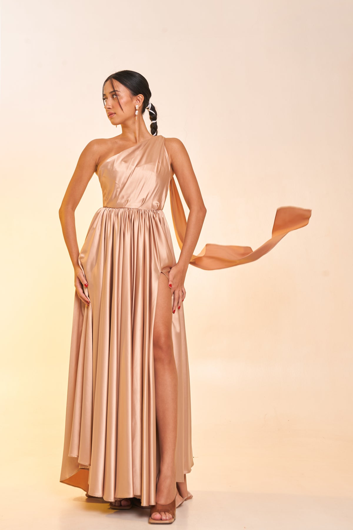 Asymmetric Cape Silk Dress (Mustard)