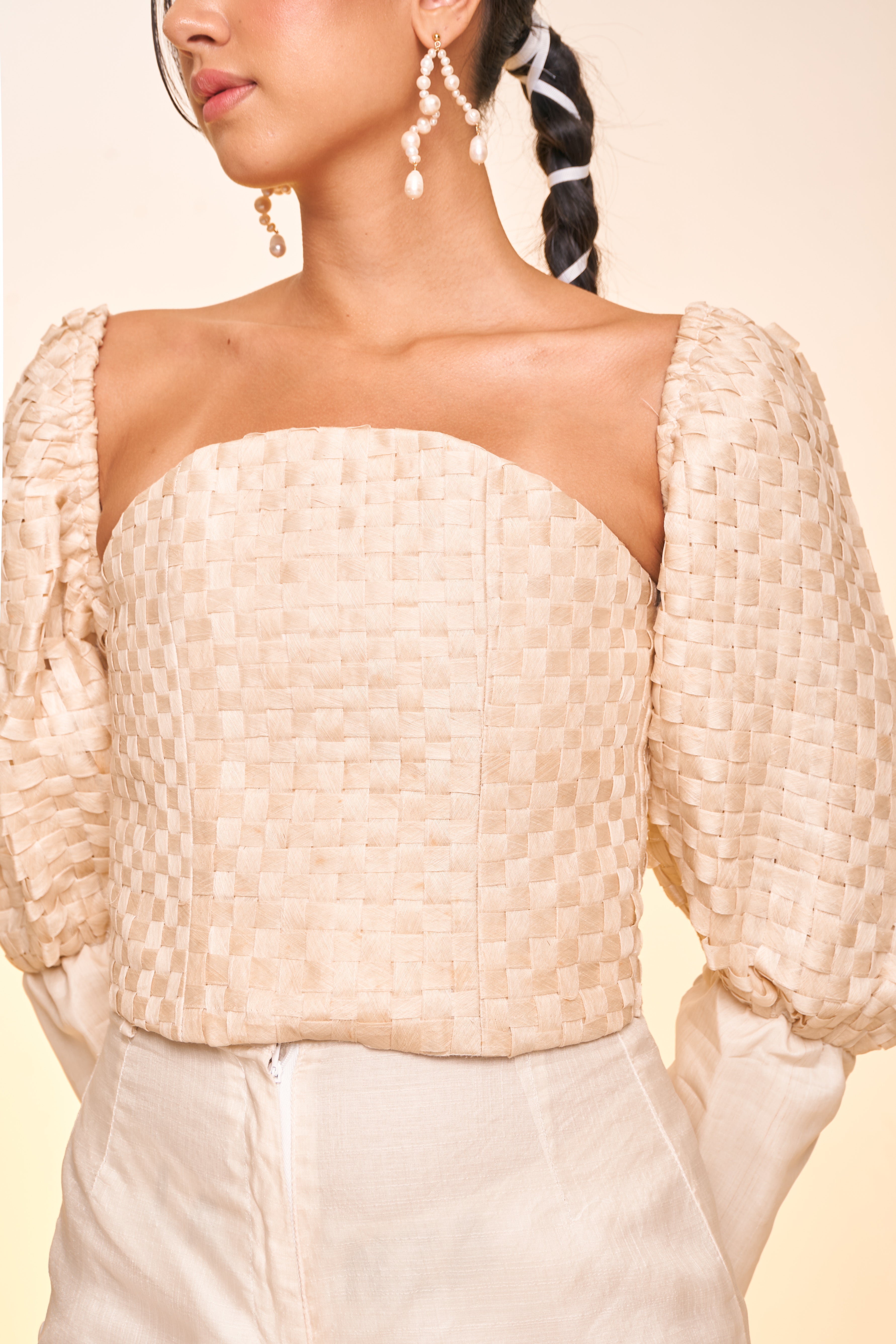 Weaved Puff Sleeved Top with Flared Piña Pants