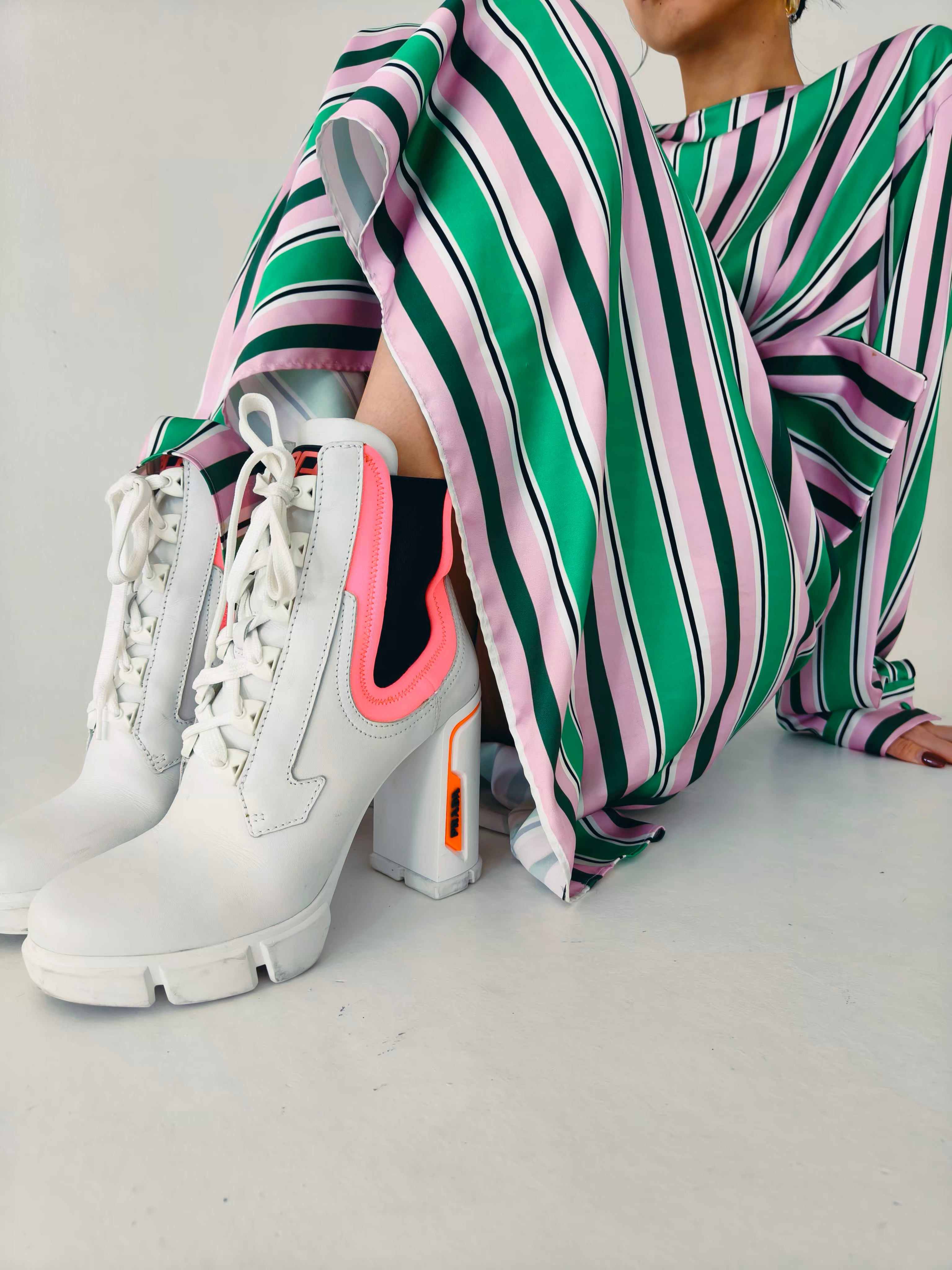 White and Neon Pink Lace-up Ankle Boots