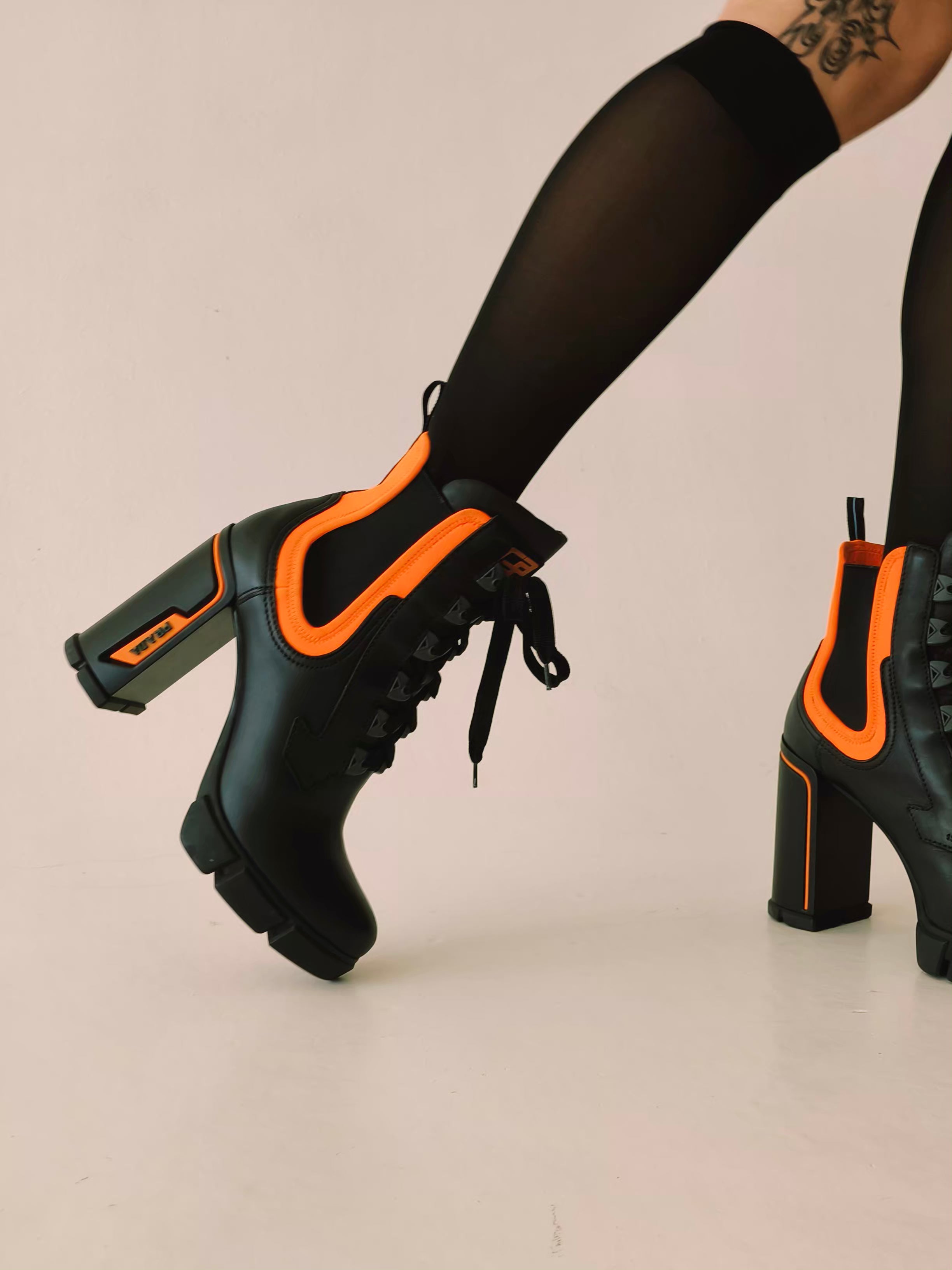 Black and Neon Orange Lace-up Ankle Boots