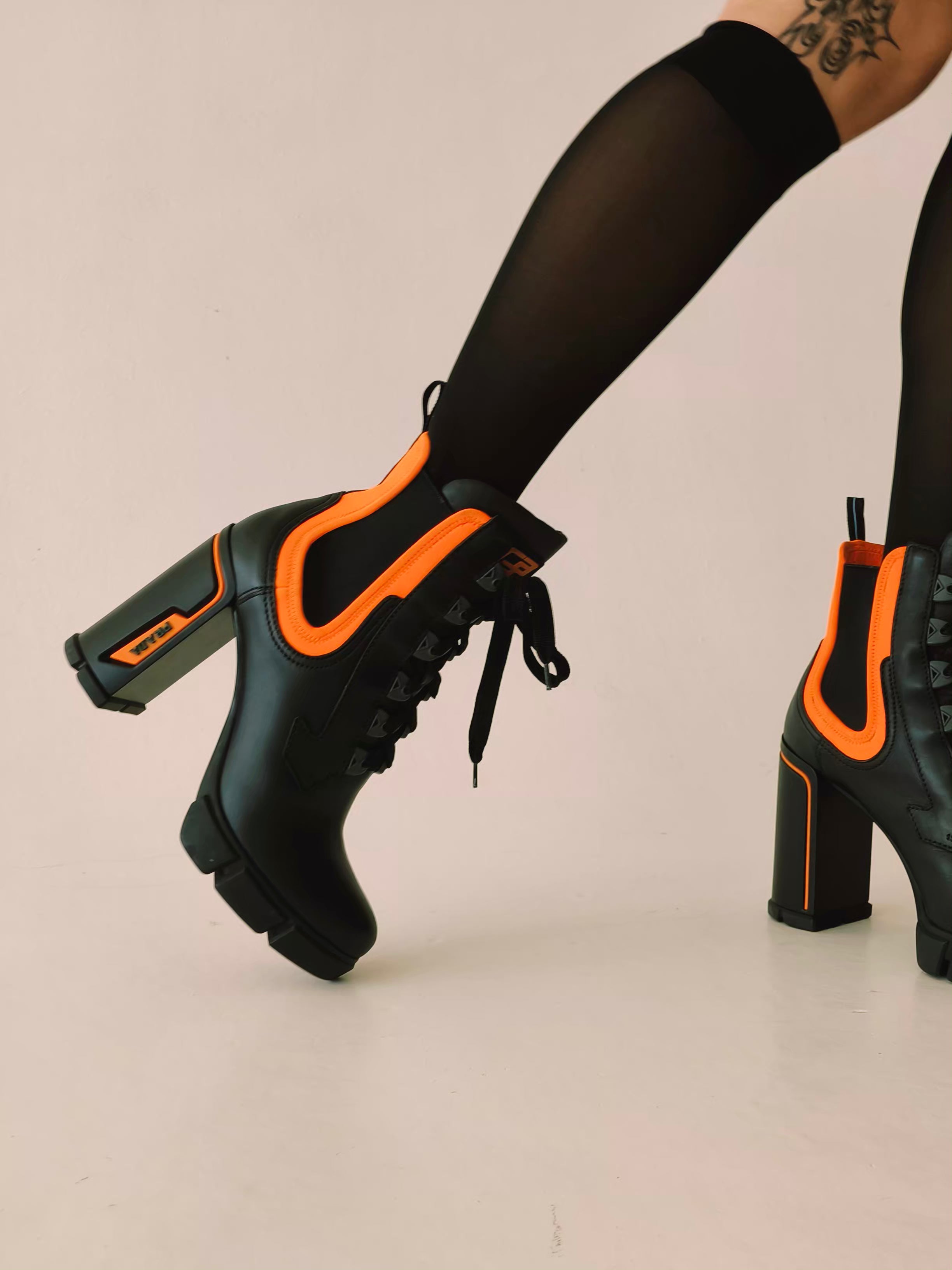 Black and Neon Orange Lace up Ankle Boots
