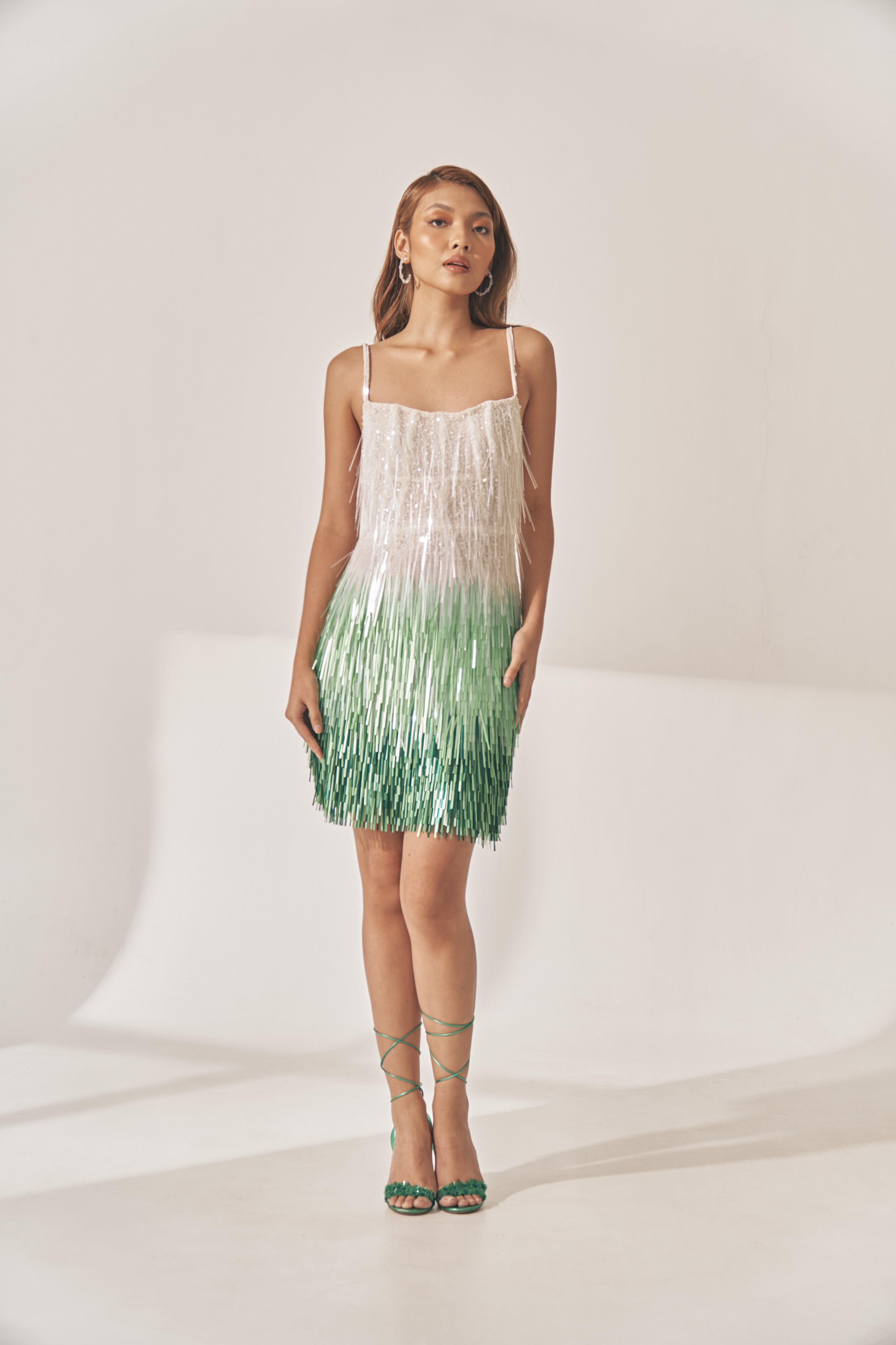 White and Green Sequin Pailette Slip Dress