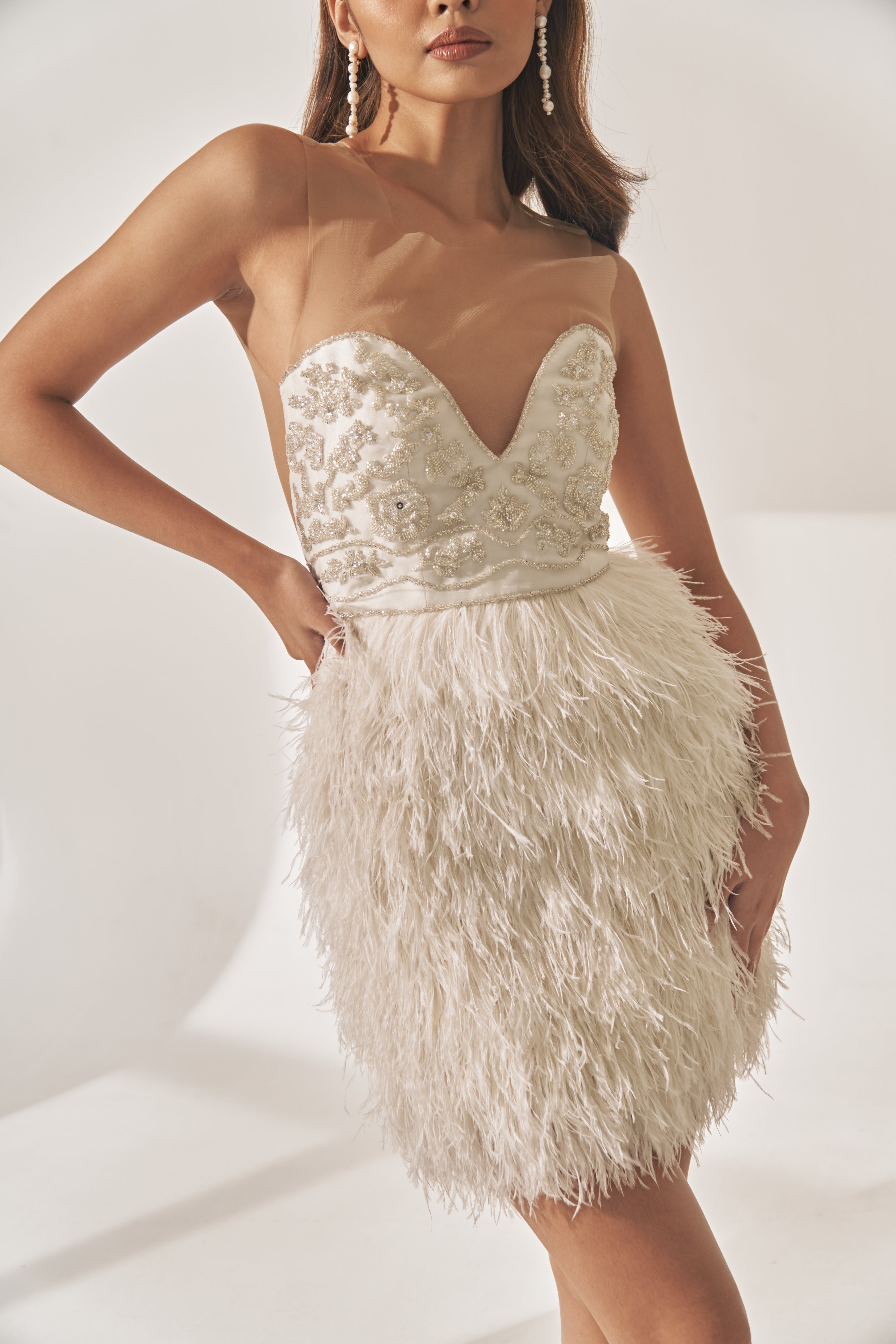 Beaded White Ostrich Feather Mini Dress