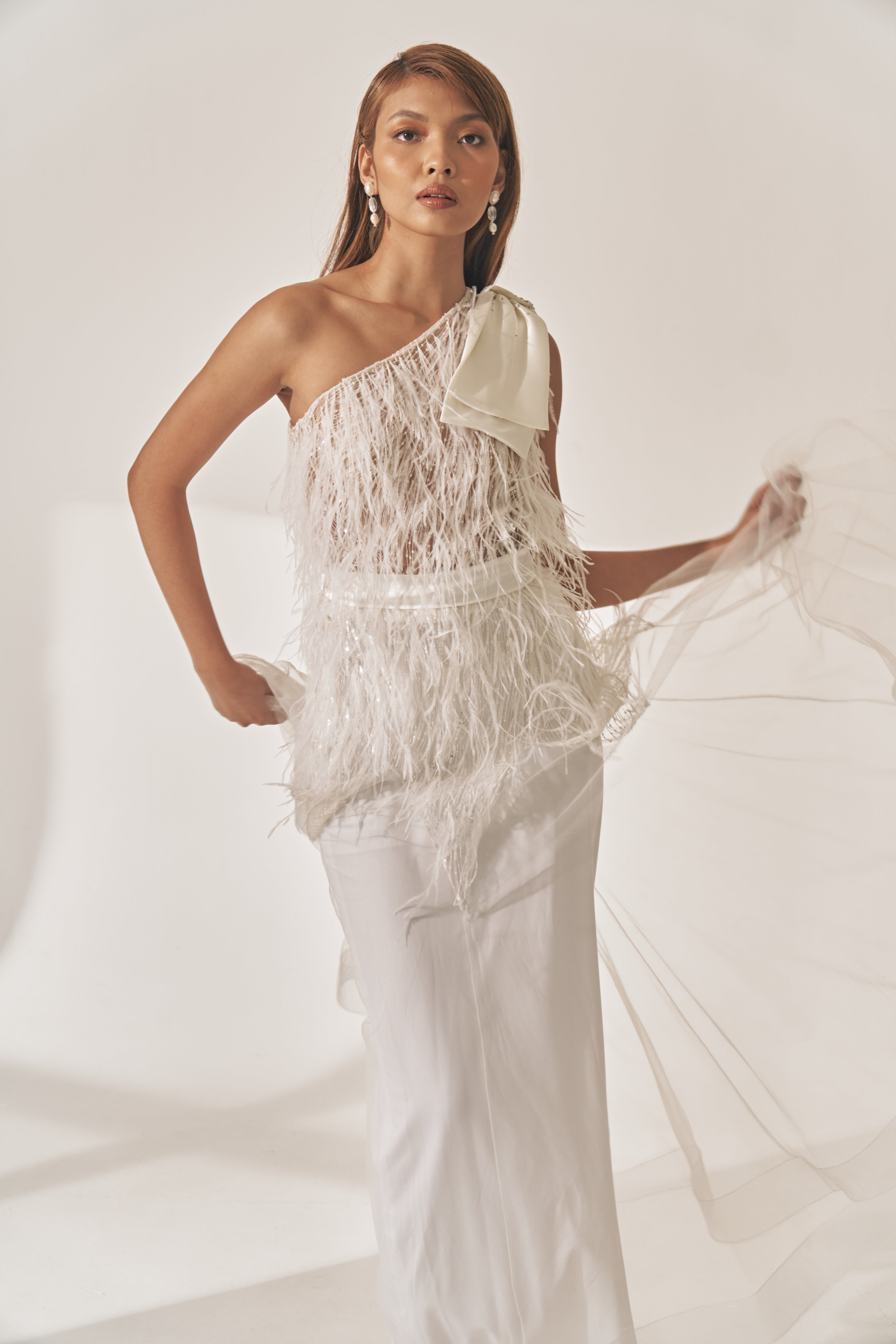 One Shoulder Gown with Feather Details