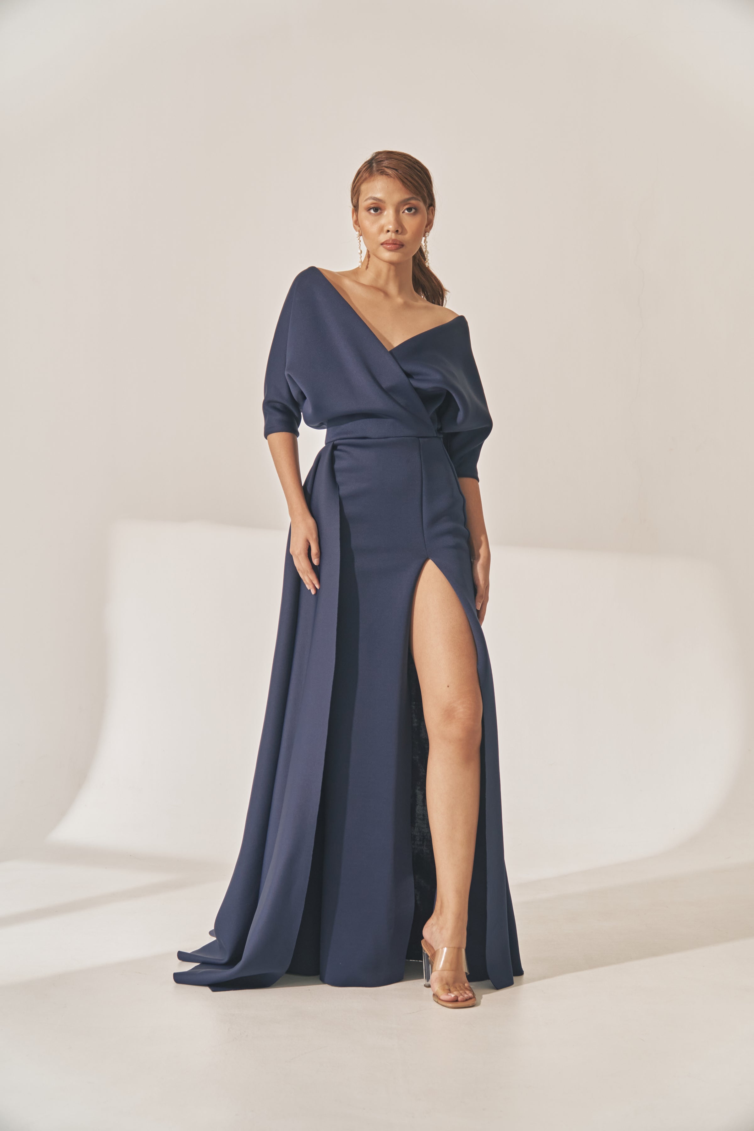 Floor-length Off Shoulder Chiffon Gown Dark Navy main image 1