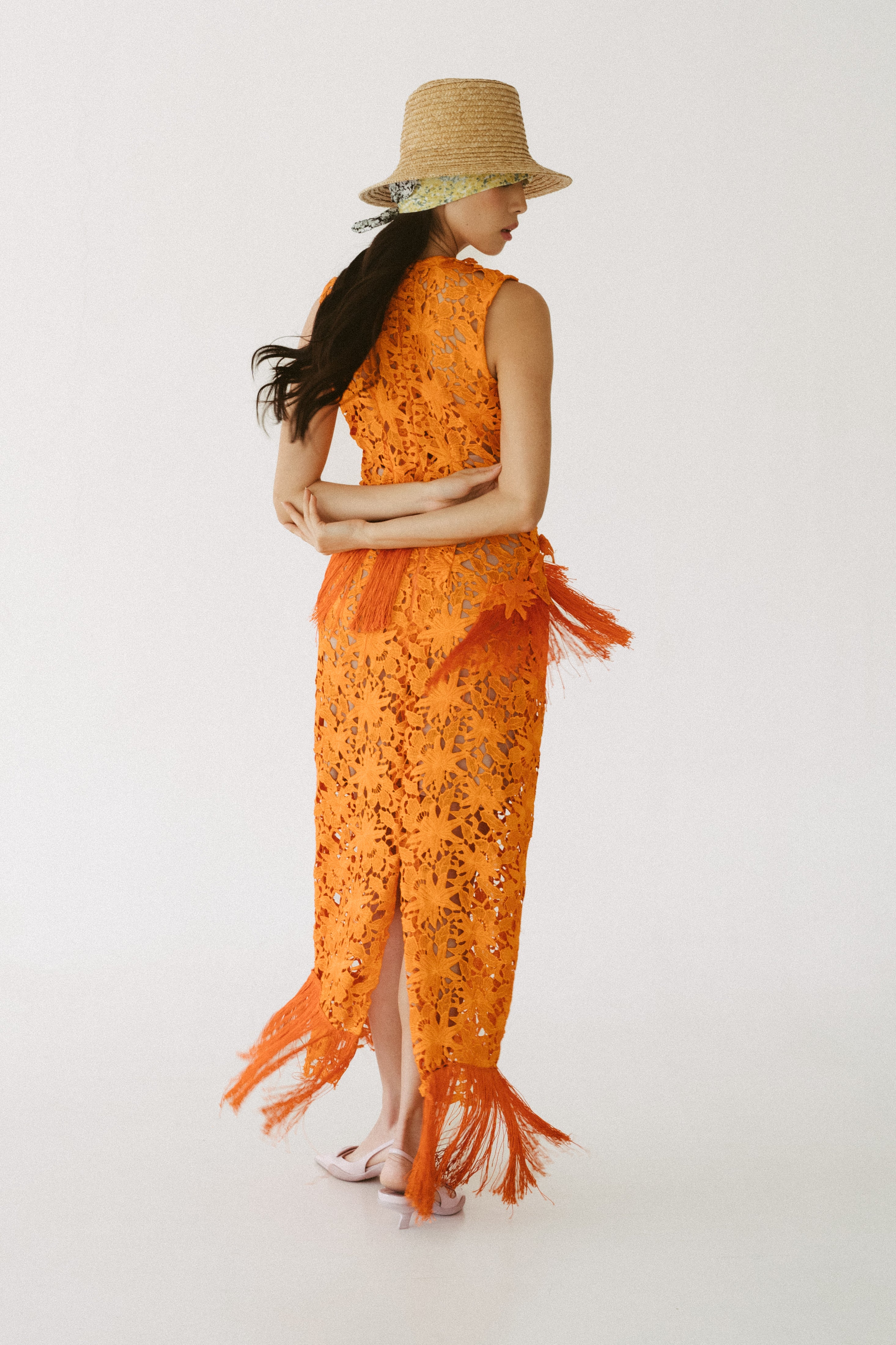 Orange Guipure Lace Dress with Tassels